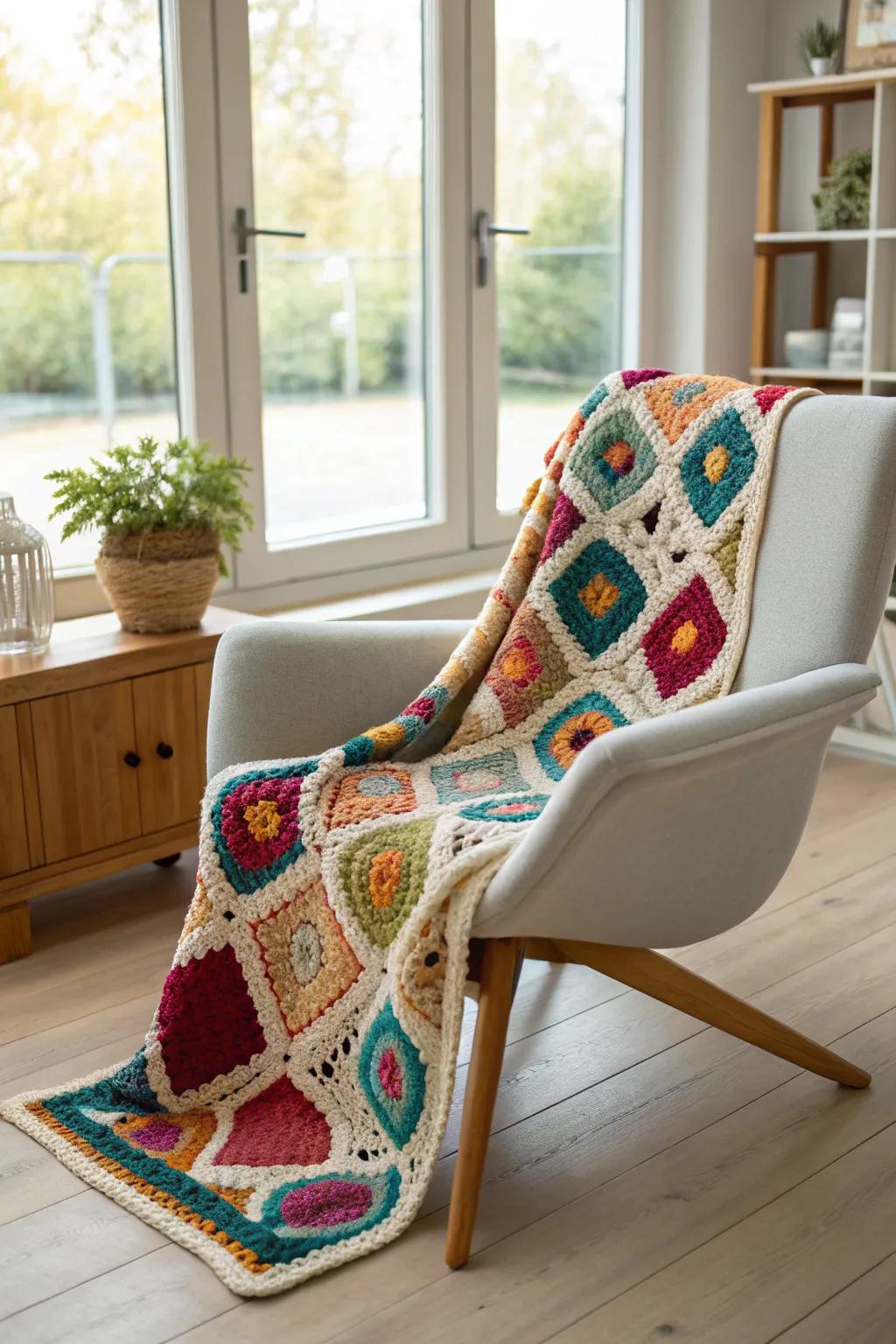 Envelop yourself in comfort and vibrancy with this exquisitely handmade granny square coverlet, ideal for nestling up in elegance.