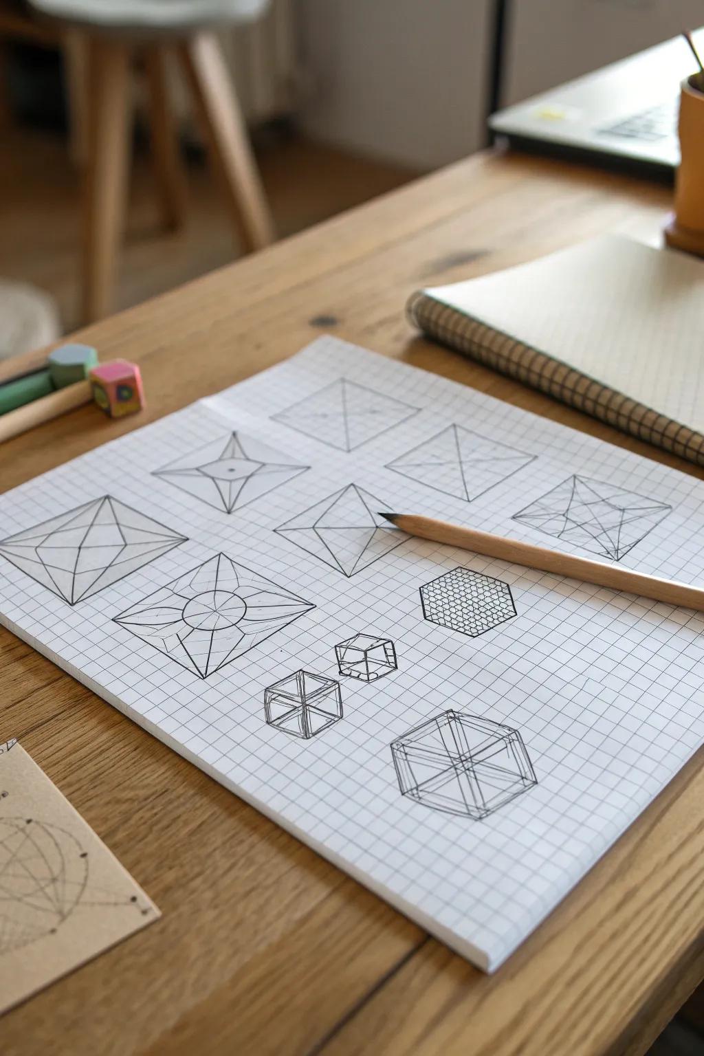 Elevate your concepts into breathtaking three-dimensional visuals on squared paper, witnessing your sketches materialize before your eyes!