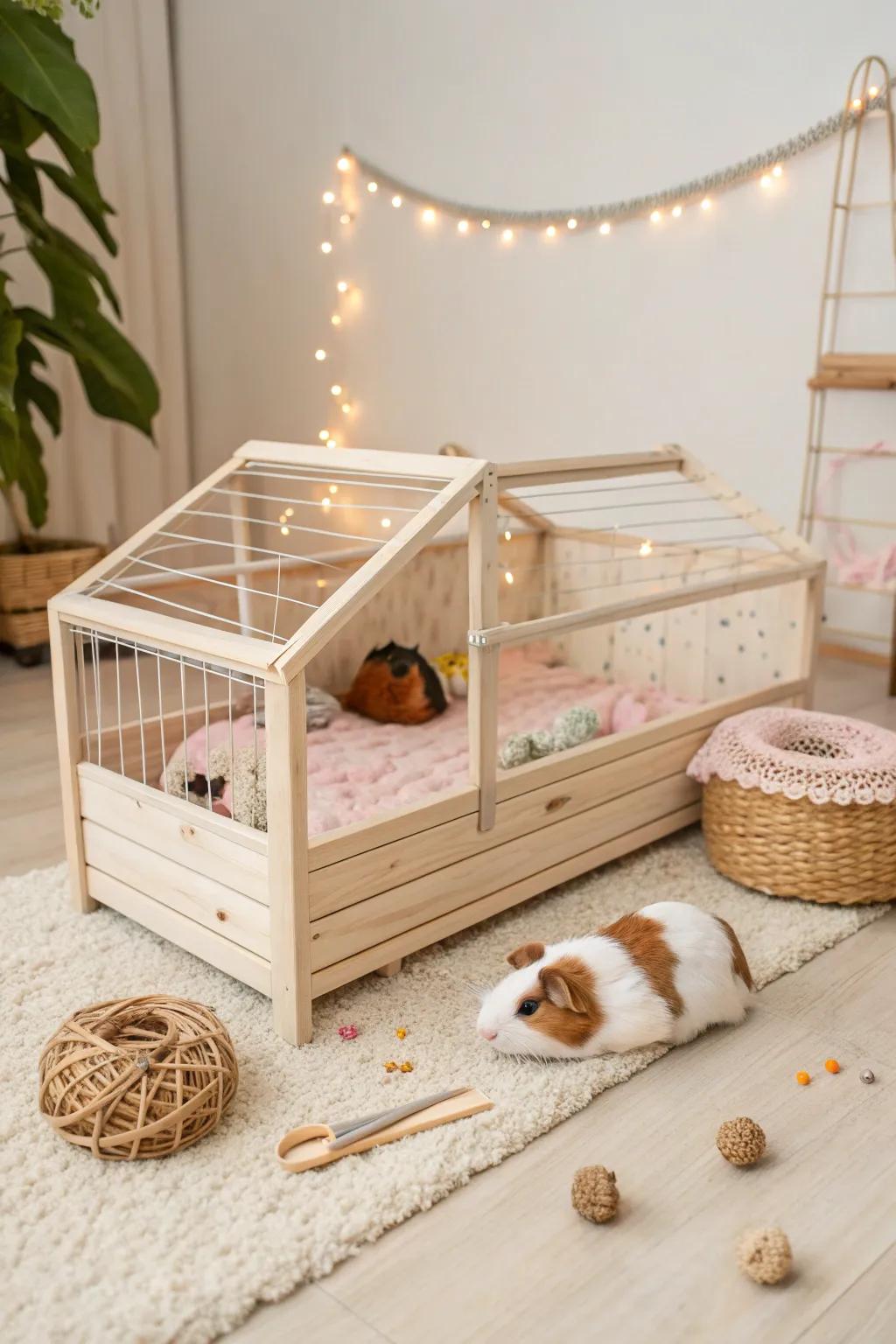 Construct a welcoming refuge for your guinea pigs with this Scandinavian-inspired, minimalist cage setup, where simplicity harmonizes with natural charm!
