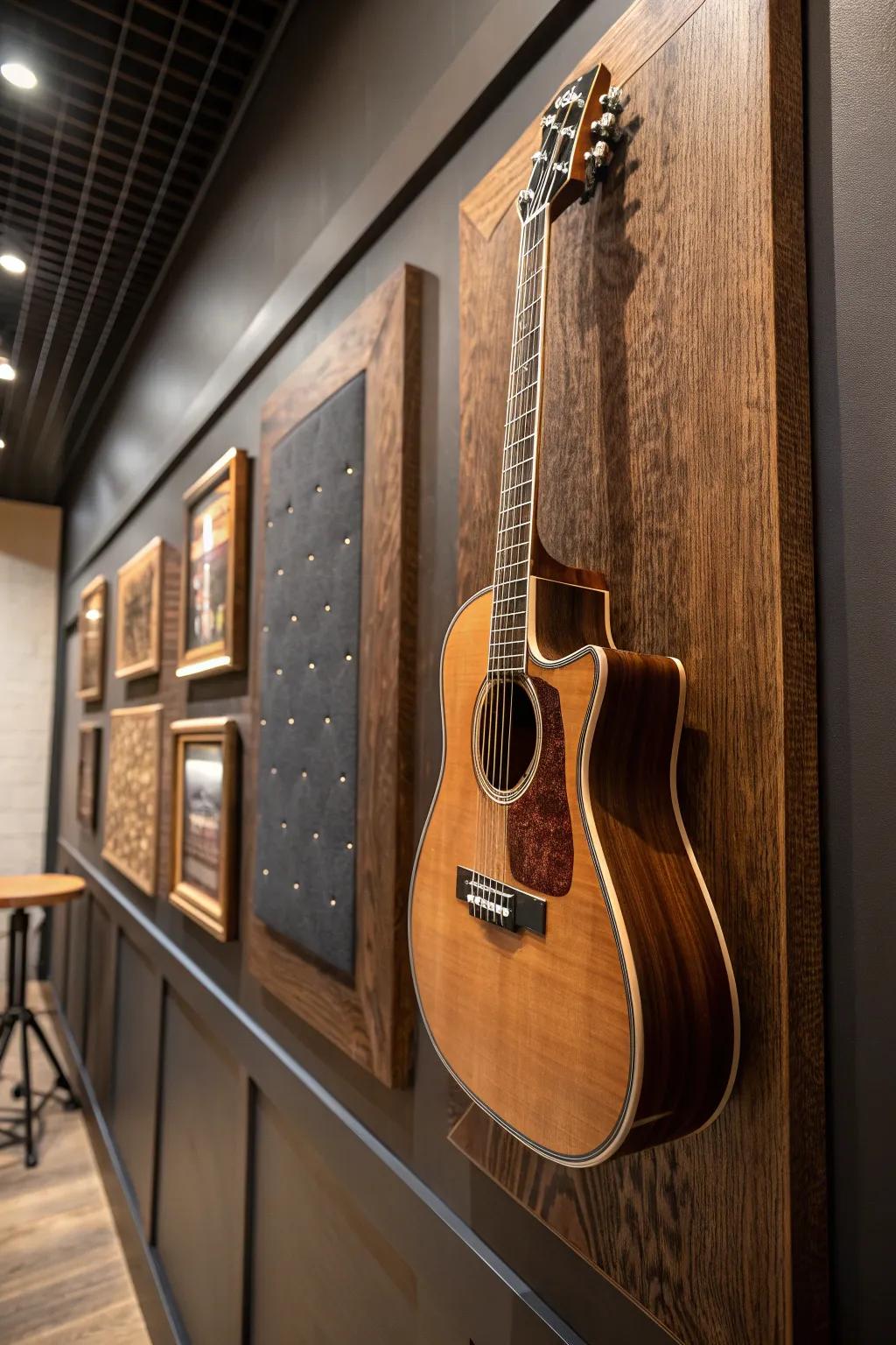 Enhance your studio's appeal with a beautiful wall-mounted guitar display that highlights craftsmanship and encourages creativity.