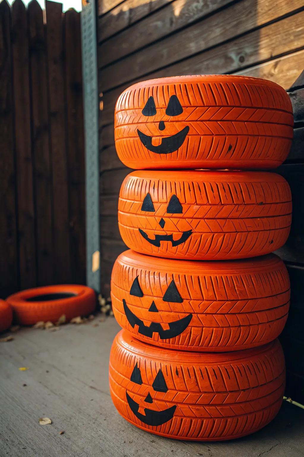 Amp up your Halloween decorations with charming pumpkin tire stacks guaranteed to make a statement!