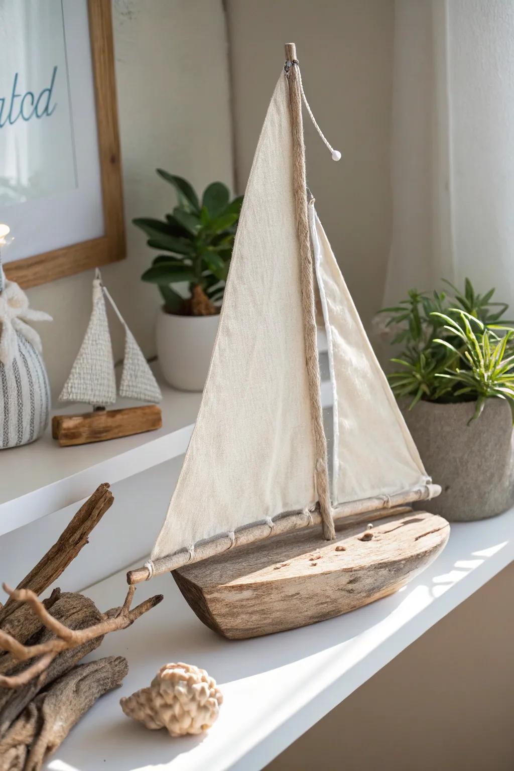 Usher the serenity of the ocean into your dwelling with this captivating driftwood sailboat, an ideal fusion of unpretentiousness and grace.