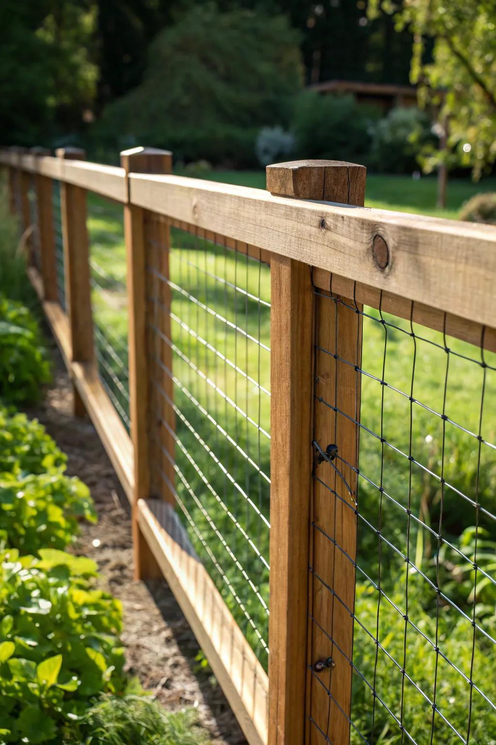 Eternal charm: Mesh fencing harmonizes with artisanal timber to craft a garden boundary that marries heritage with modern panache.