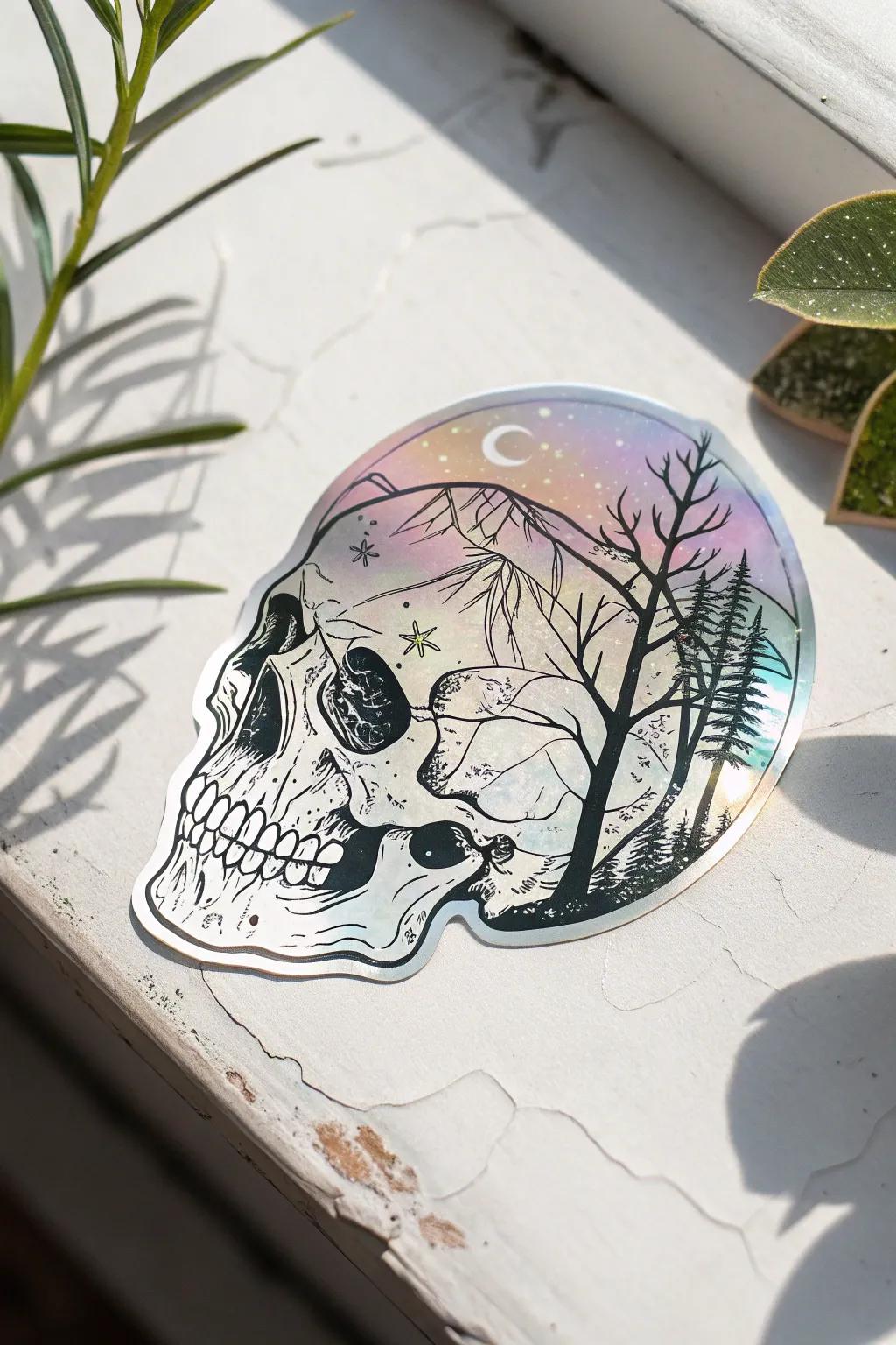 The natural world converges with the avant-garde in this iridescent skull decal, ideal for injecting a dash of intrigue into any environment.