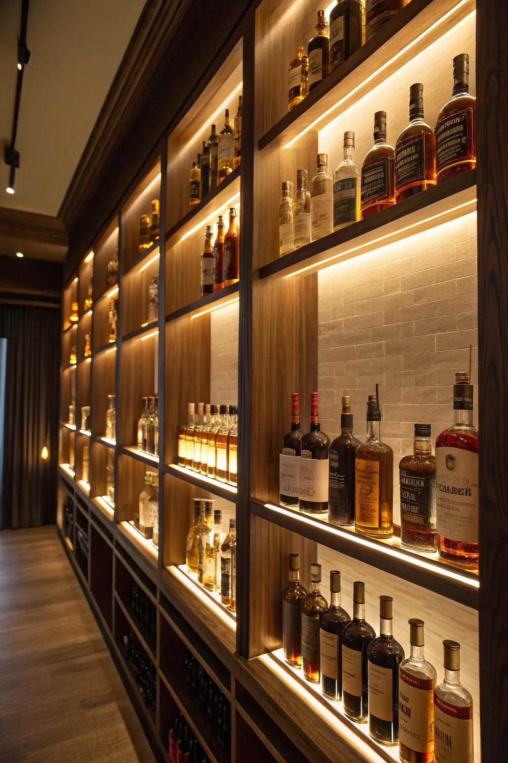 Classic wood shelves provide an excellent platform for displaying your whiskey treasures.