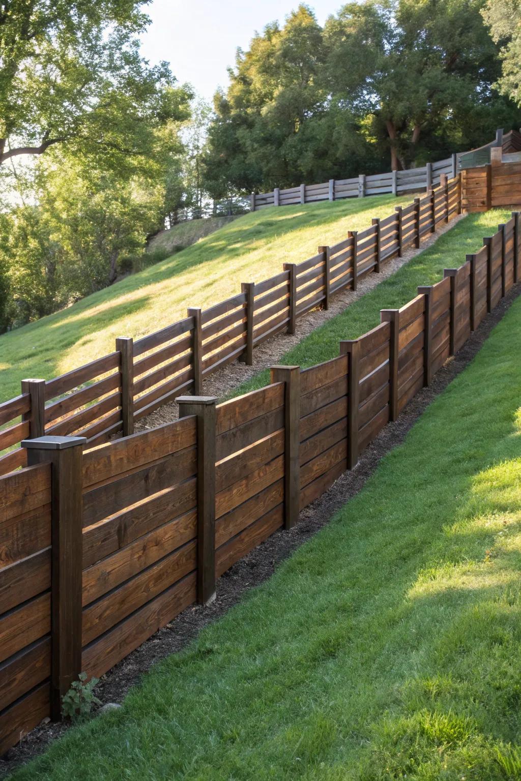 Improve your sloped garden with the refined elegance of a tiered horizontal wood fence, a fusion of meticulous craftsmanship and contemporary design.