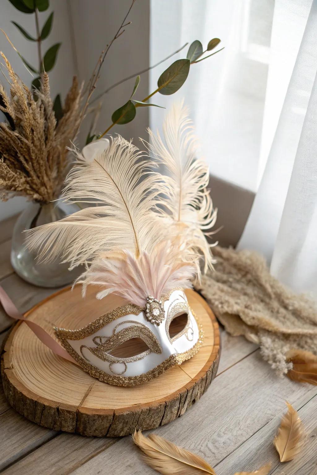 Unleash your inner grace with a handmade feathered mask, where unadorned beauty encounters innate elegance.