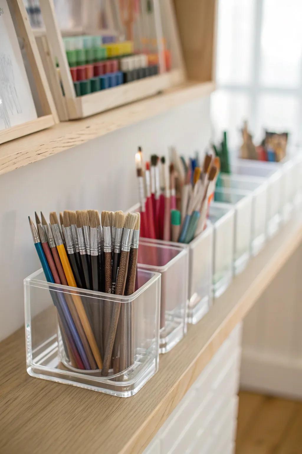 Effortless arrangement employing see-through boxes for kids' imaginative flurry.