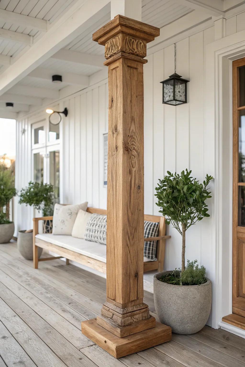 Renew your porch with ageless wooden pillars, exuding a welcoming, classic charm.
