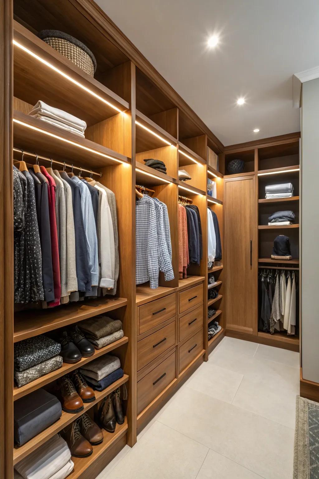 Custom shelving revolutionizes deep closets, creating efficient and fashionable environments.