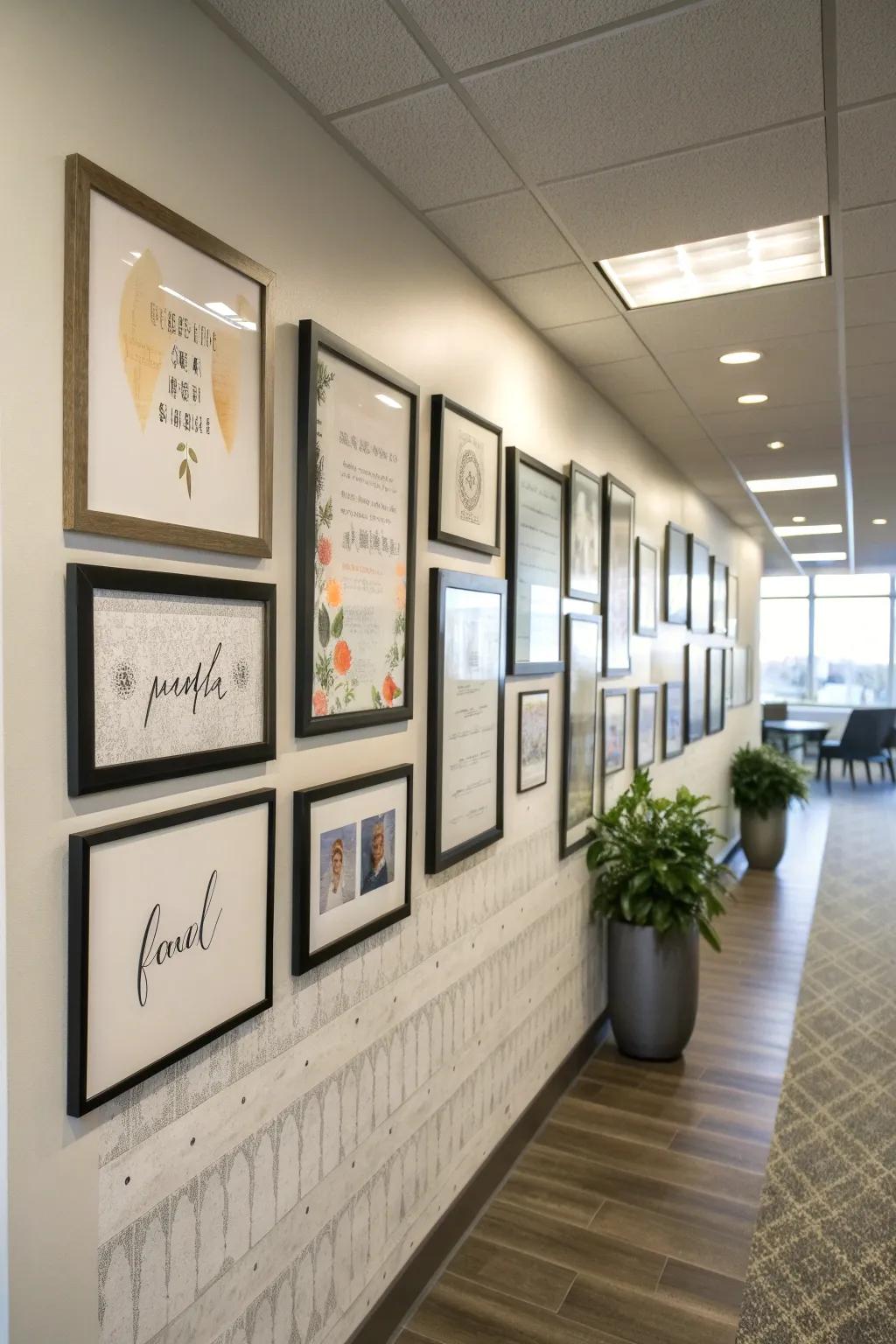 A wall of uplifting sayings adds purpose to the workspace.
