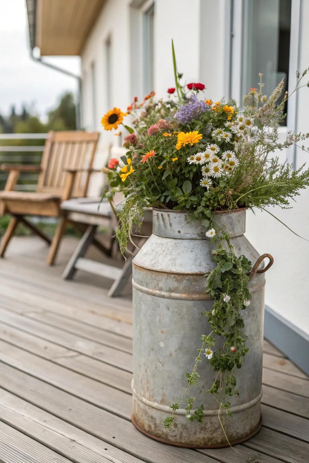Enhance your living area with a touch of country elegance: an antique metal canister reborn as a vivid planter.