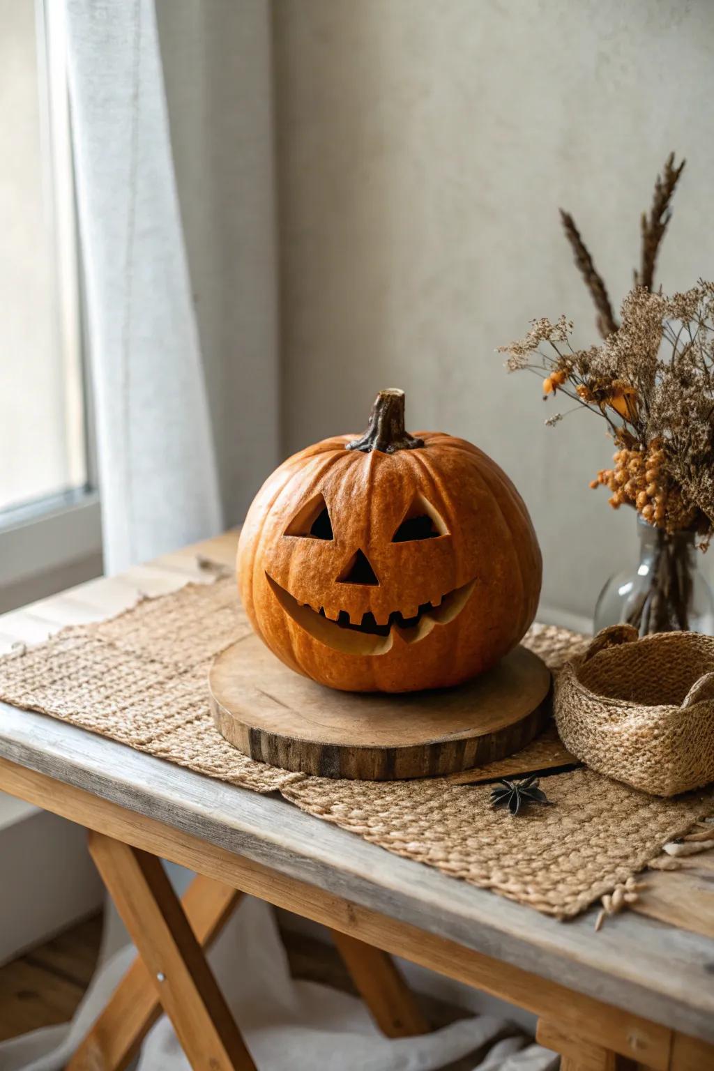 Appreciate classic allure with a traditional jack-o'-lantern visage. Uncomplicated and sentimental, ideal for a hint of autumnal enchantment.