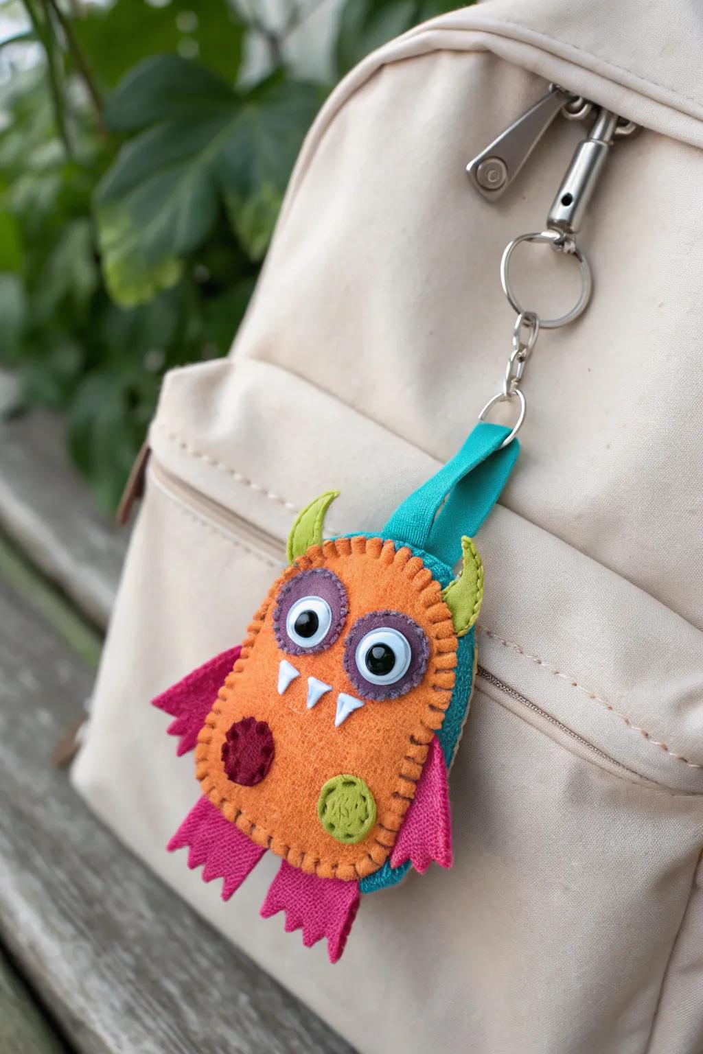 Infuse a touch of playfulness into your rucksack with a crafted cloth monster keychain!