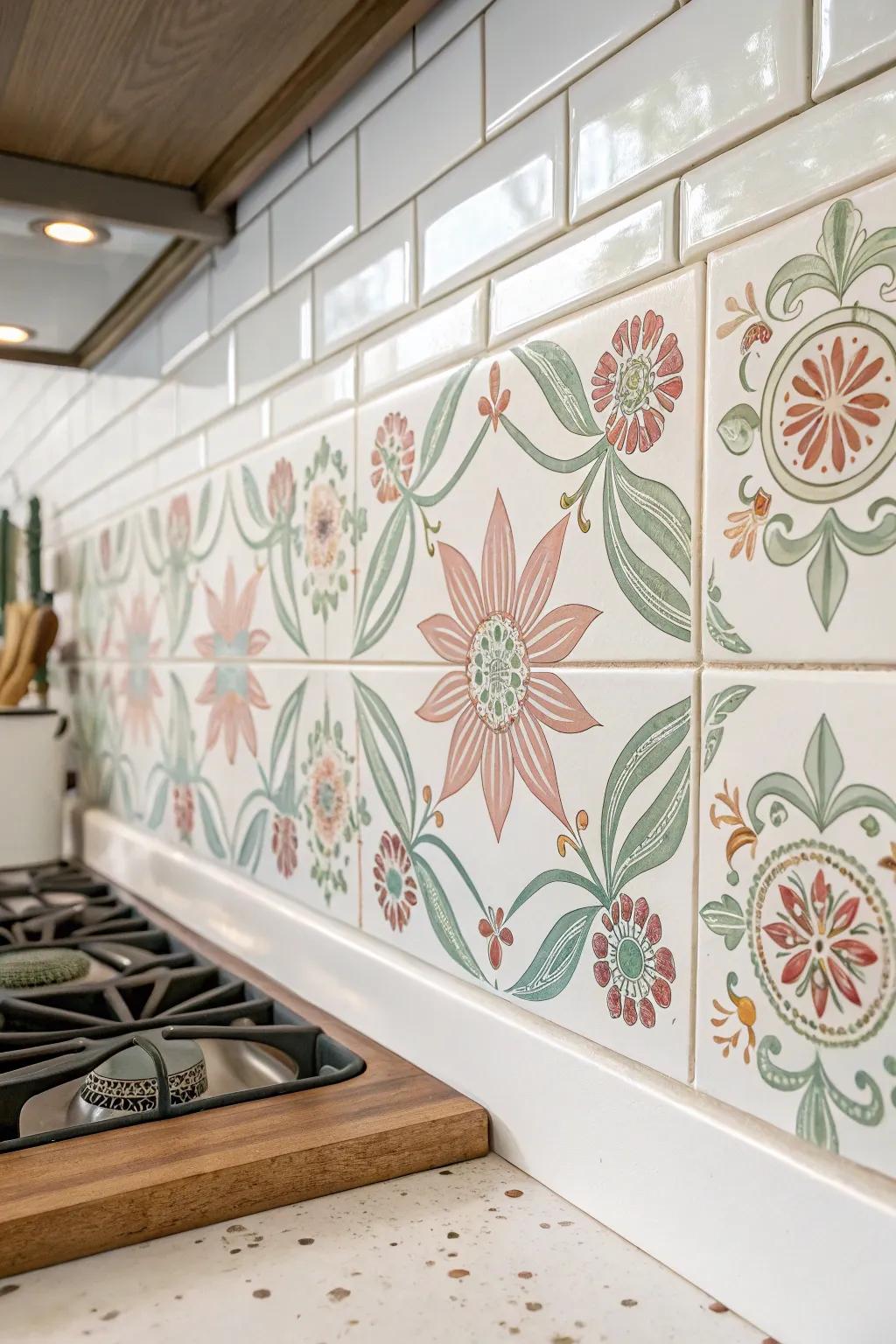 Elevate your kitchen with stenciled floral patterns, a blend of simplicity and natural charm that creates a captivating backsplash.