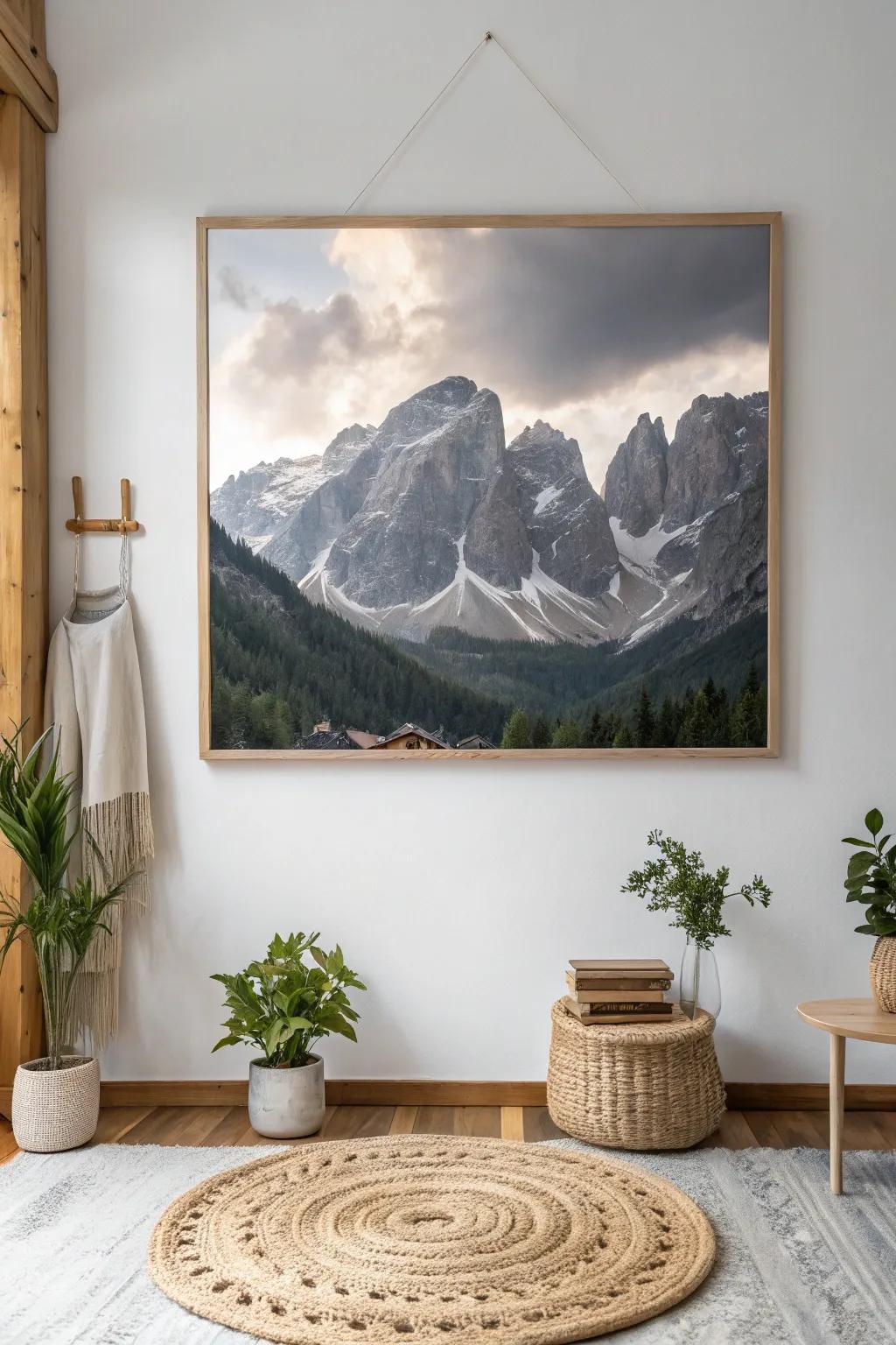 Revel in nature's magnificence through this dramatic mountain painting, which lends serenity and elegance to your chosen space.