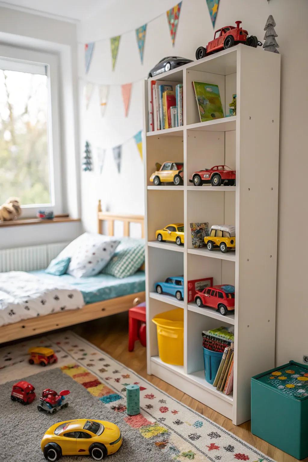 Tiered shelves turn toy cars into a decorative display.
