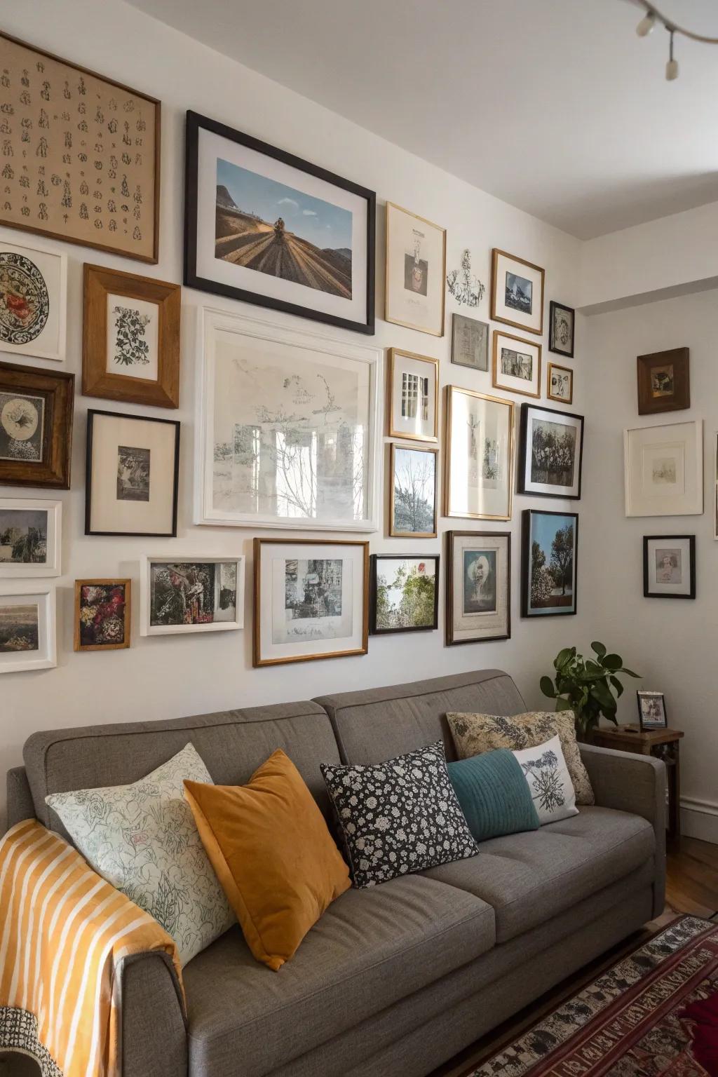 A bespoke gallery wall injects personality and splashes of color into any living room.