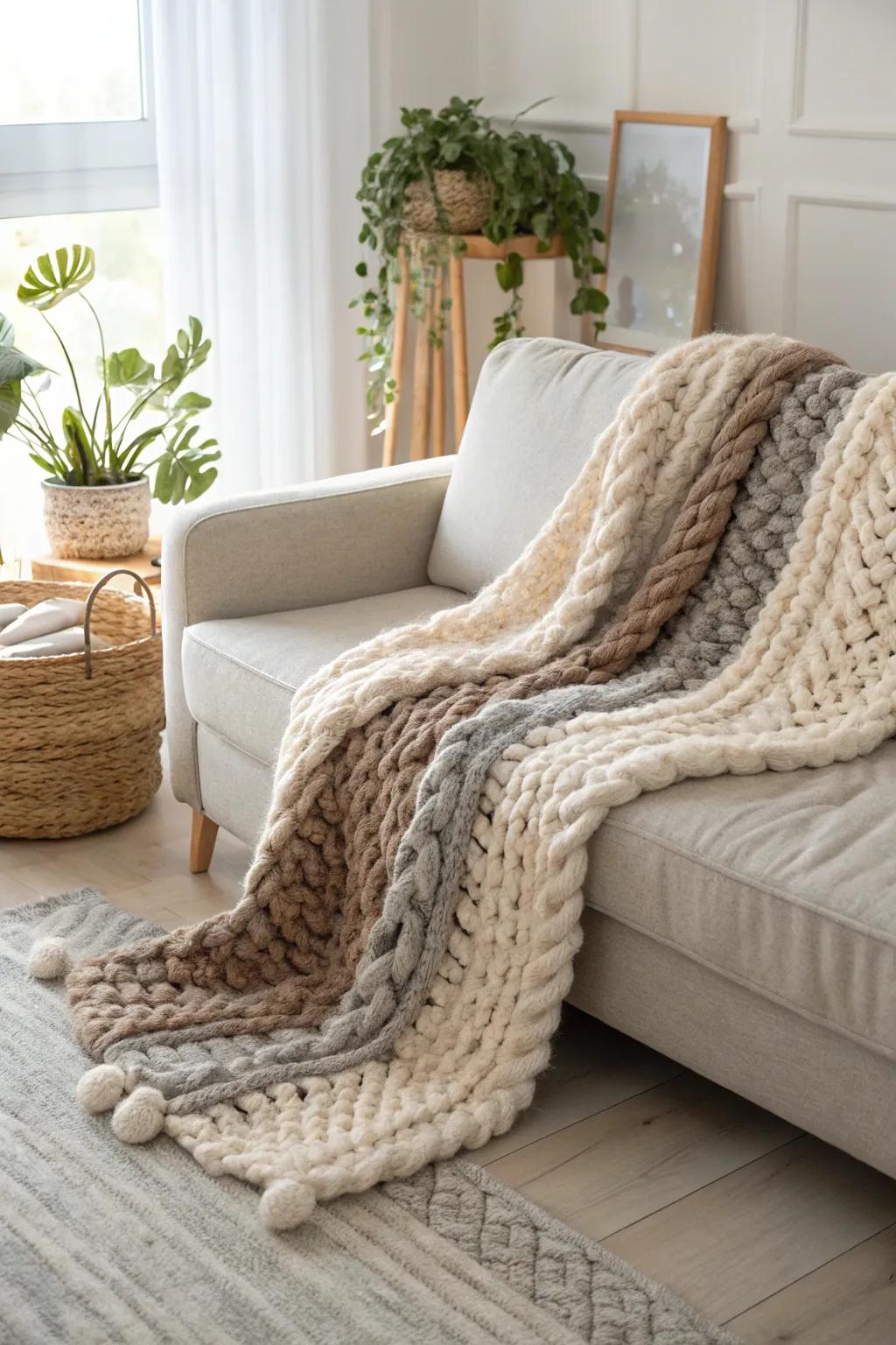 Bask in luxurious coziness with a hefty loop yarn blanket – the ideal fusion of minimalist style and ultimate comfort.