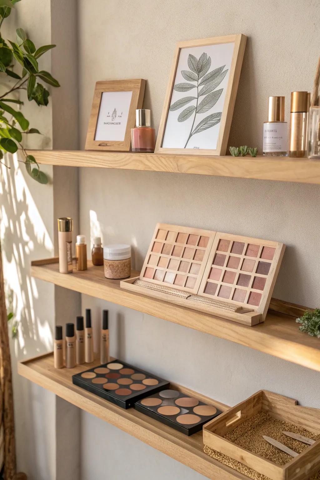 Amplify your cosmetic presentation through chic elevated shelves, exuding an aura of sophistication and unpretentious charm.