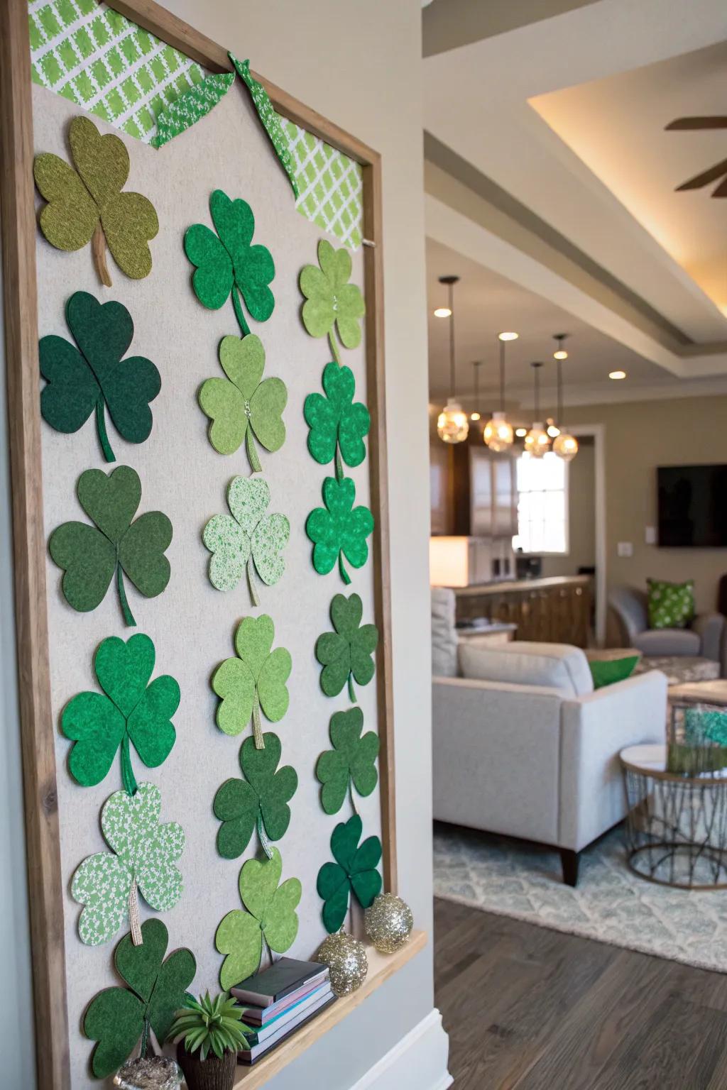 A display board embellished with an assortment of green clovers.