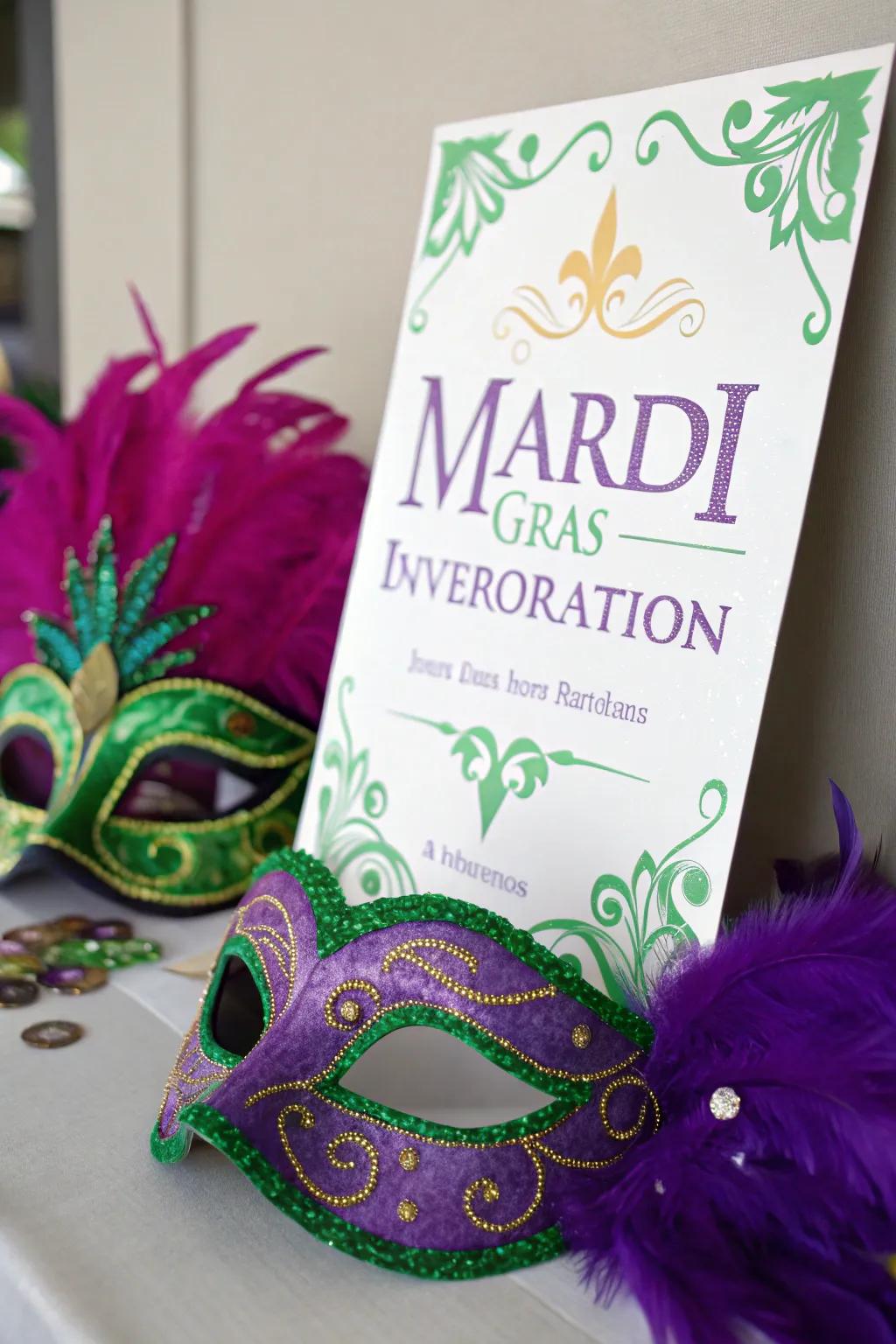 An invitation beautifully adorned with vibrant mask motifs, epitomizing the Mardi Gras spirit.