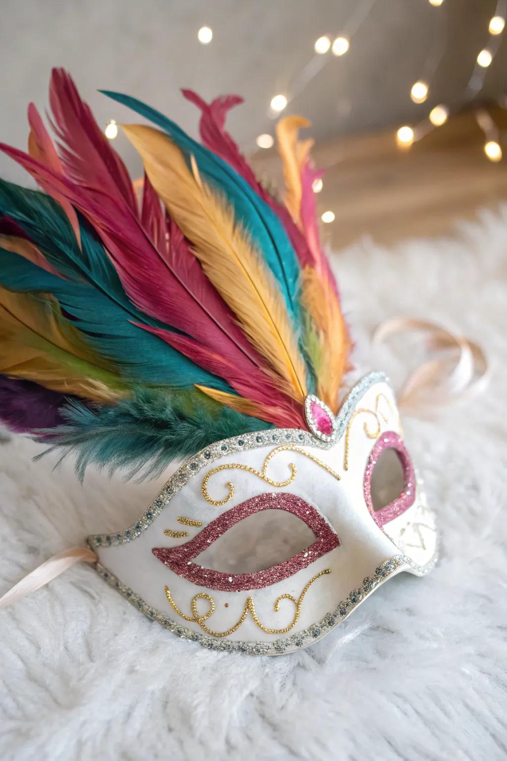 Playful Sophistication: Embrace festive enchantment with a uniquely crafted feathered mask.