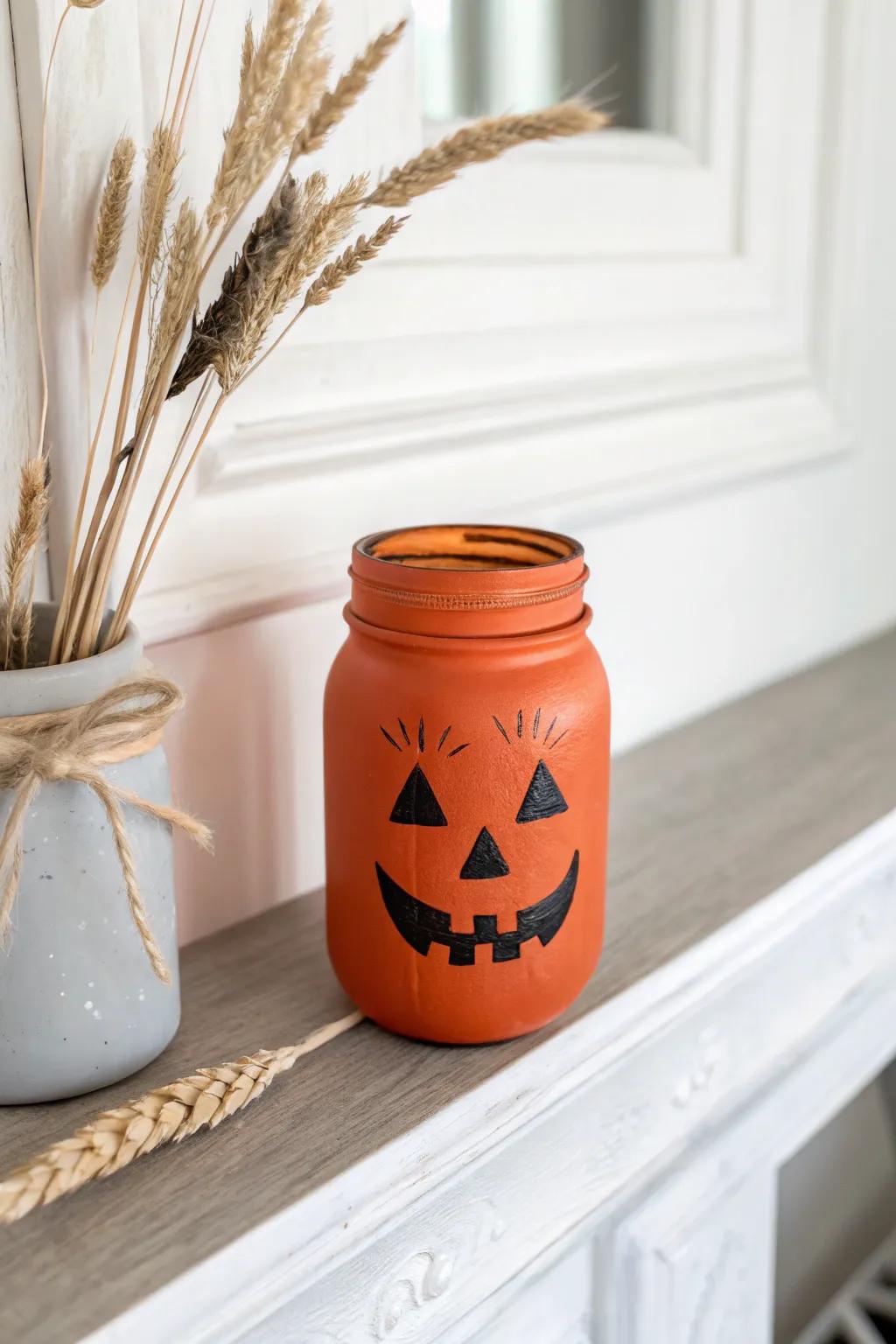 Infuse your setting with a cheerful Halloween atmosphere through this captivating painted gourd jar!