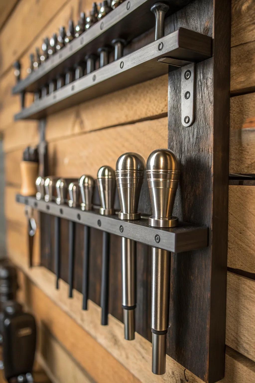 Enhance your workspace with visually pleasing and effective wall-affixed tool mounts.