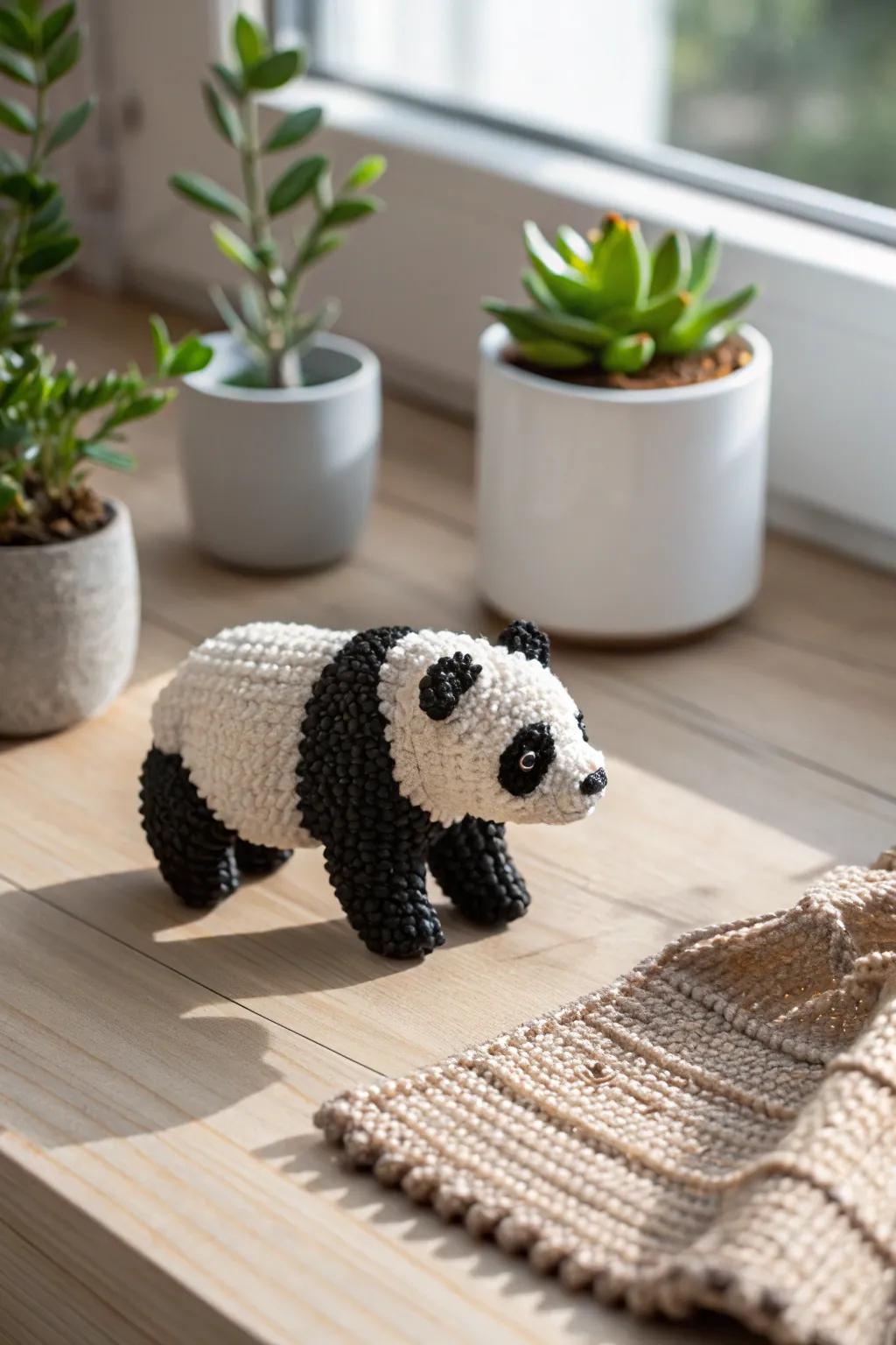 Revel in the allure of a miniature perler bead panda, a serene blend of uncomplicated design and imaginative artistry, perfectly set within a tranquil Scandinavian ambiance.