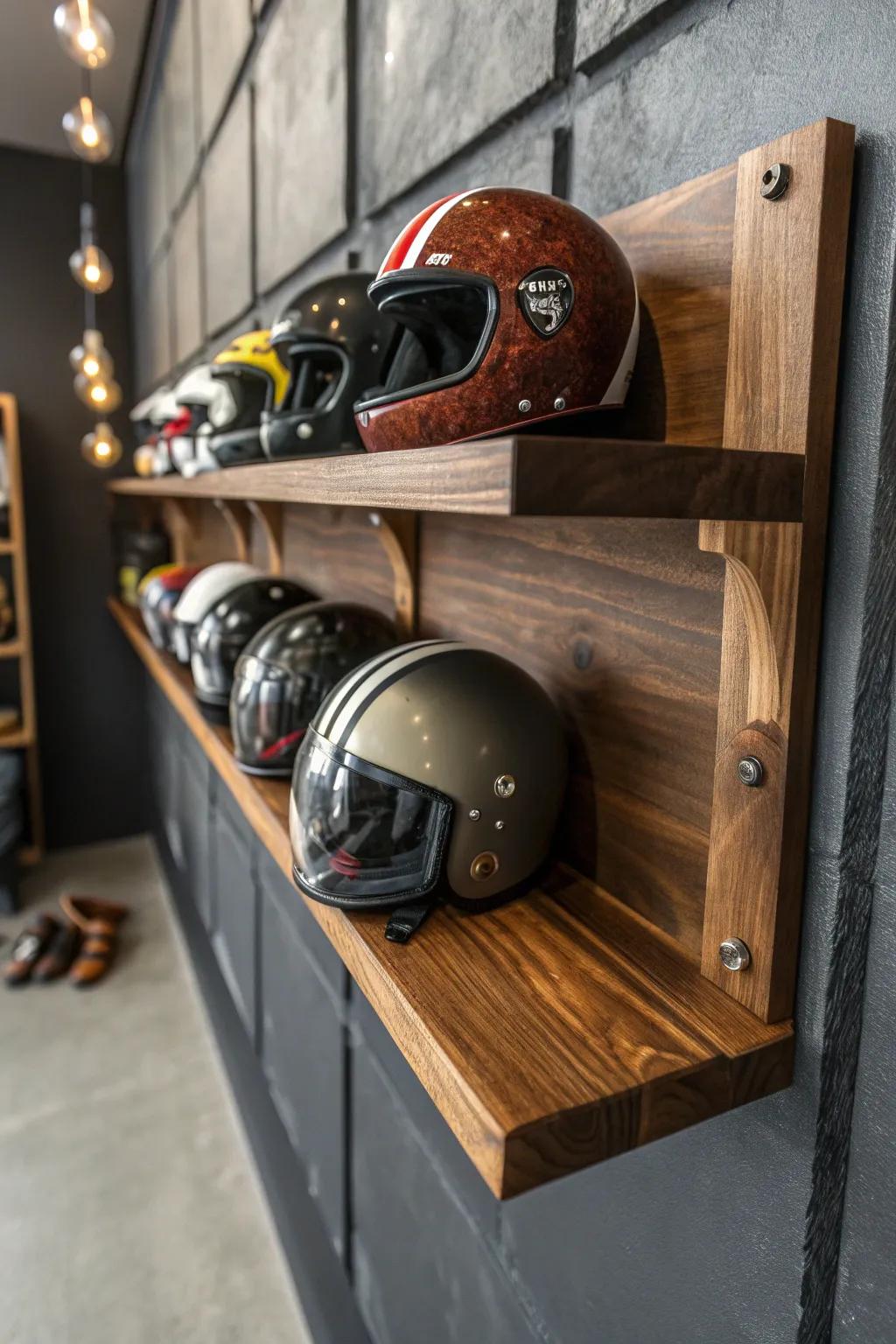 Take your collection to new heights: Present your miniature helmets on elegant shelves affixed to the wall for an impressive display.