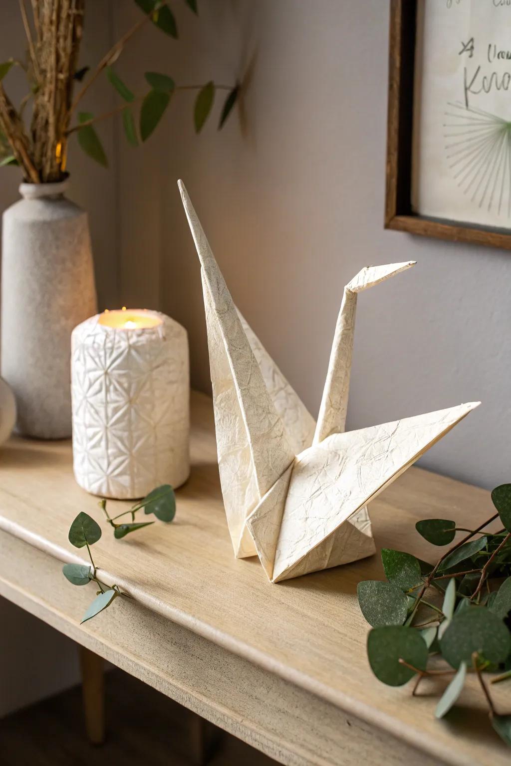 Savor the allure of simplicity with this charming origami crane, a symbol of optimism and prosperity.