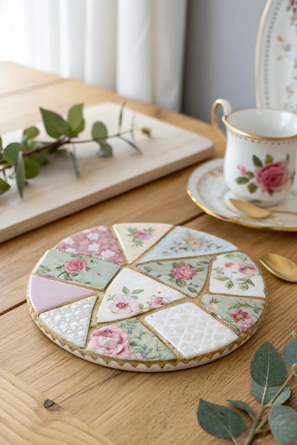 Reignite fond memories through a mosaic coaster fashioned from antique porcelain, harmonizing nostalgia with understated sophistication.