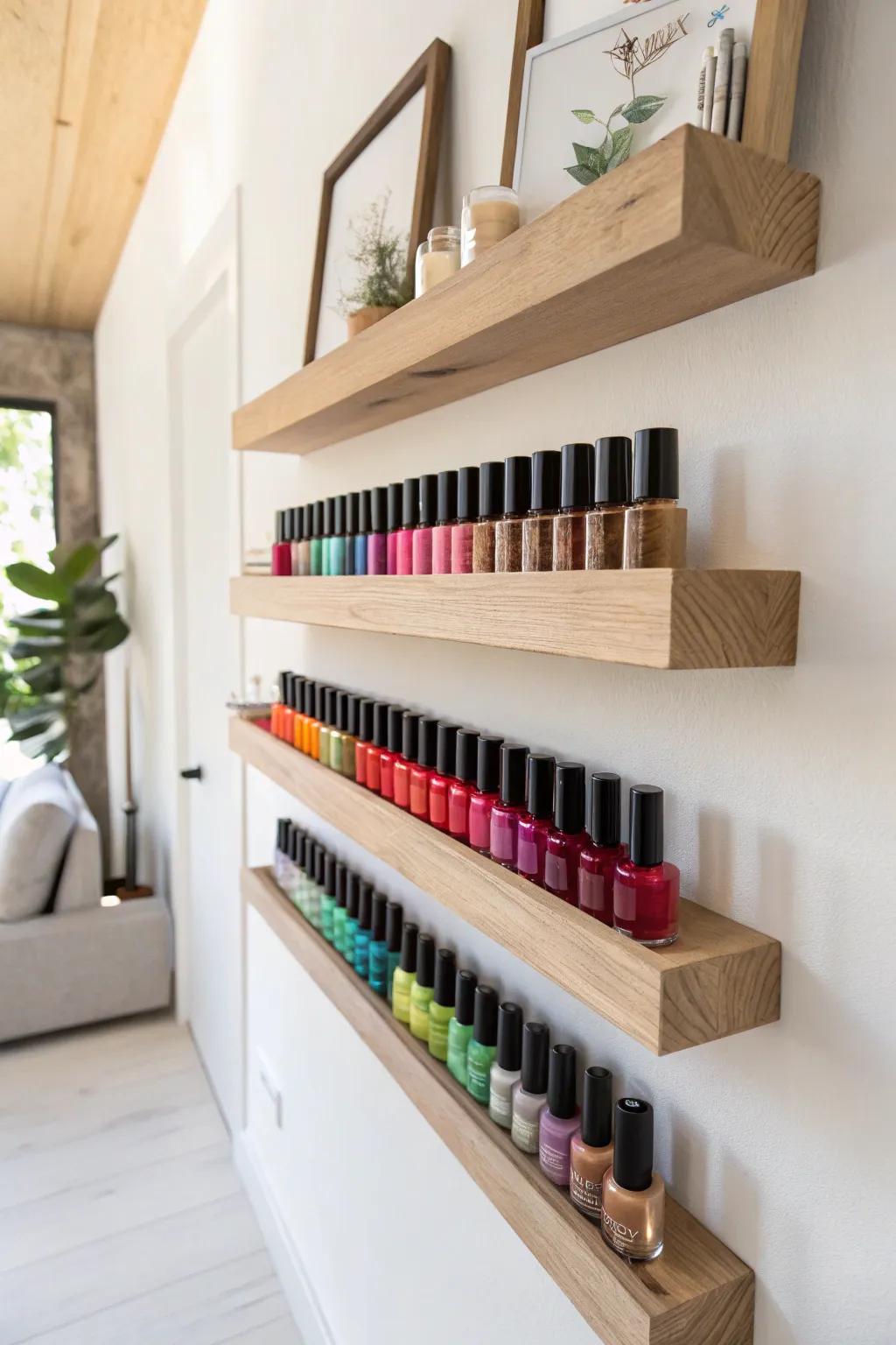 Change your nail enamel selection into a vibrant work of art with understated elevated shelves.
