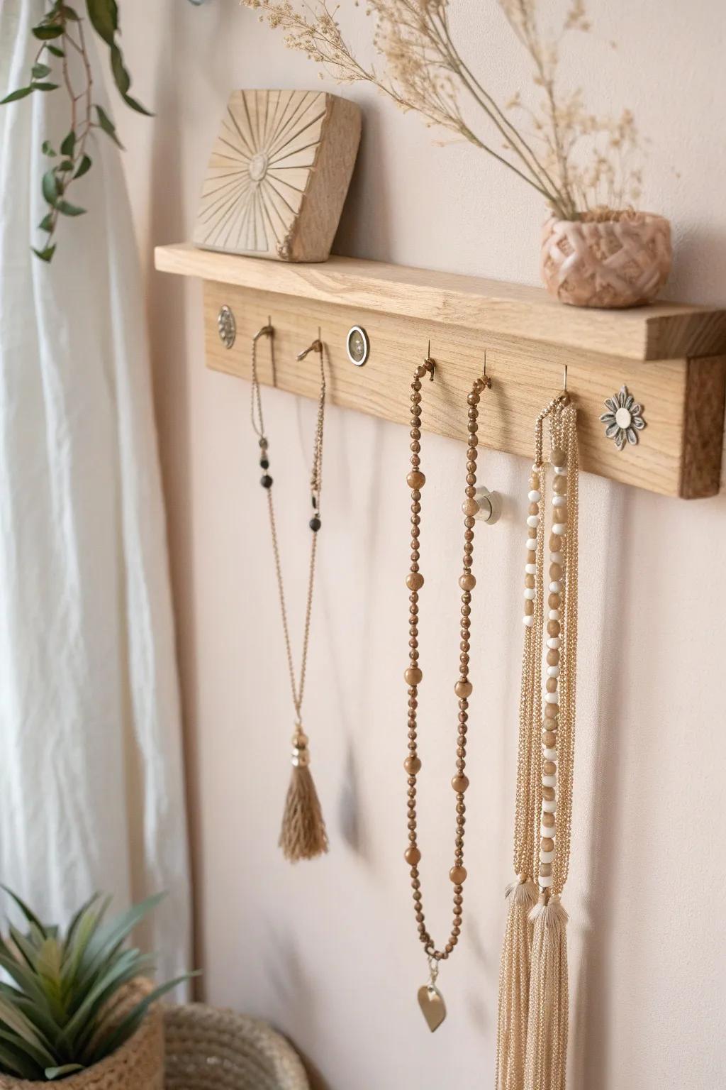 Transform your necklaces into a refined display with this Scandinavian-inspired shelf, merging minimalist sophistication with boho elegance.