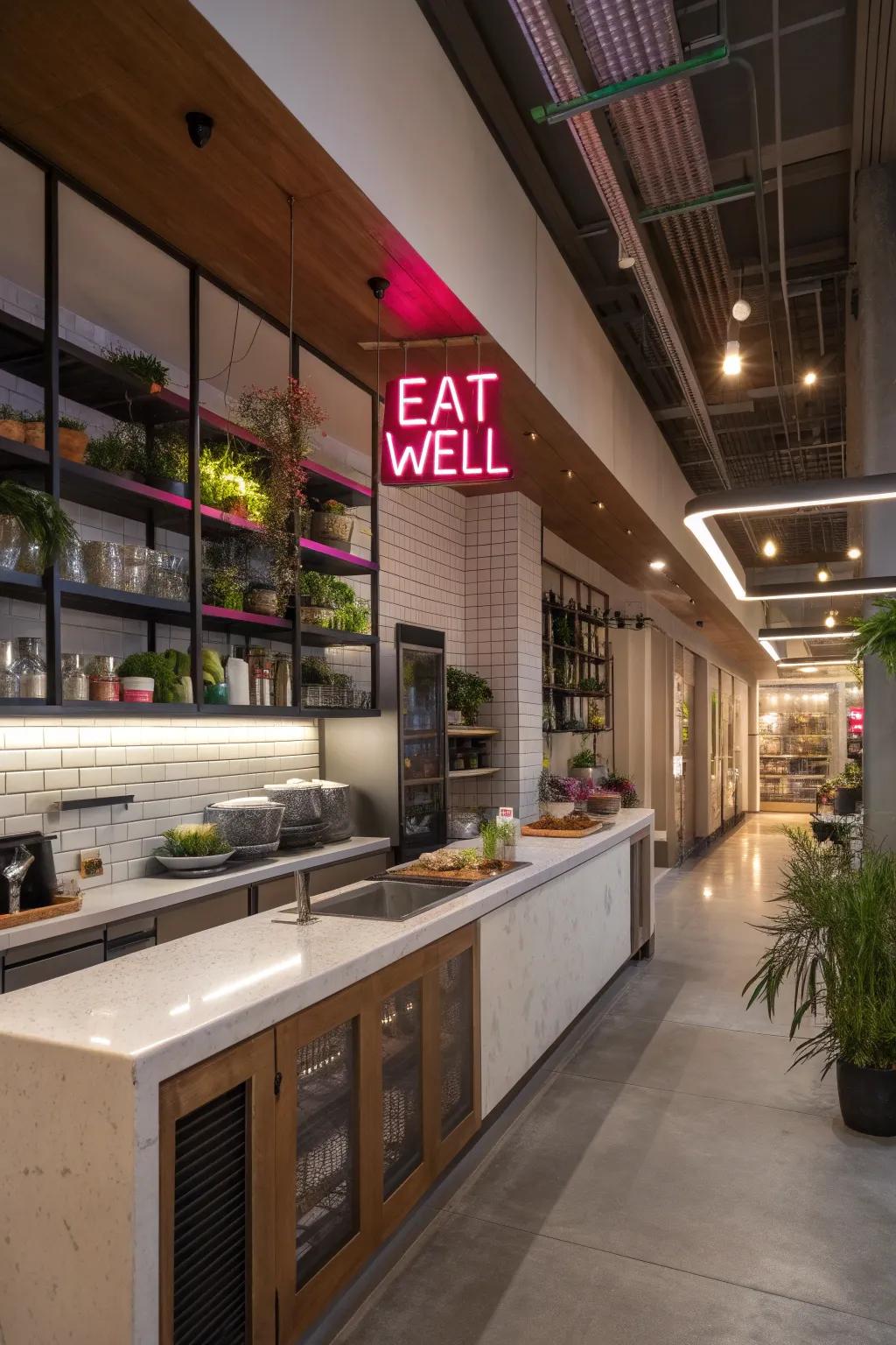 A contemporary kitchen is made better with a lively 'Eat Well' illuminated sign.