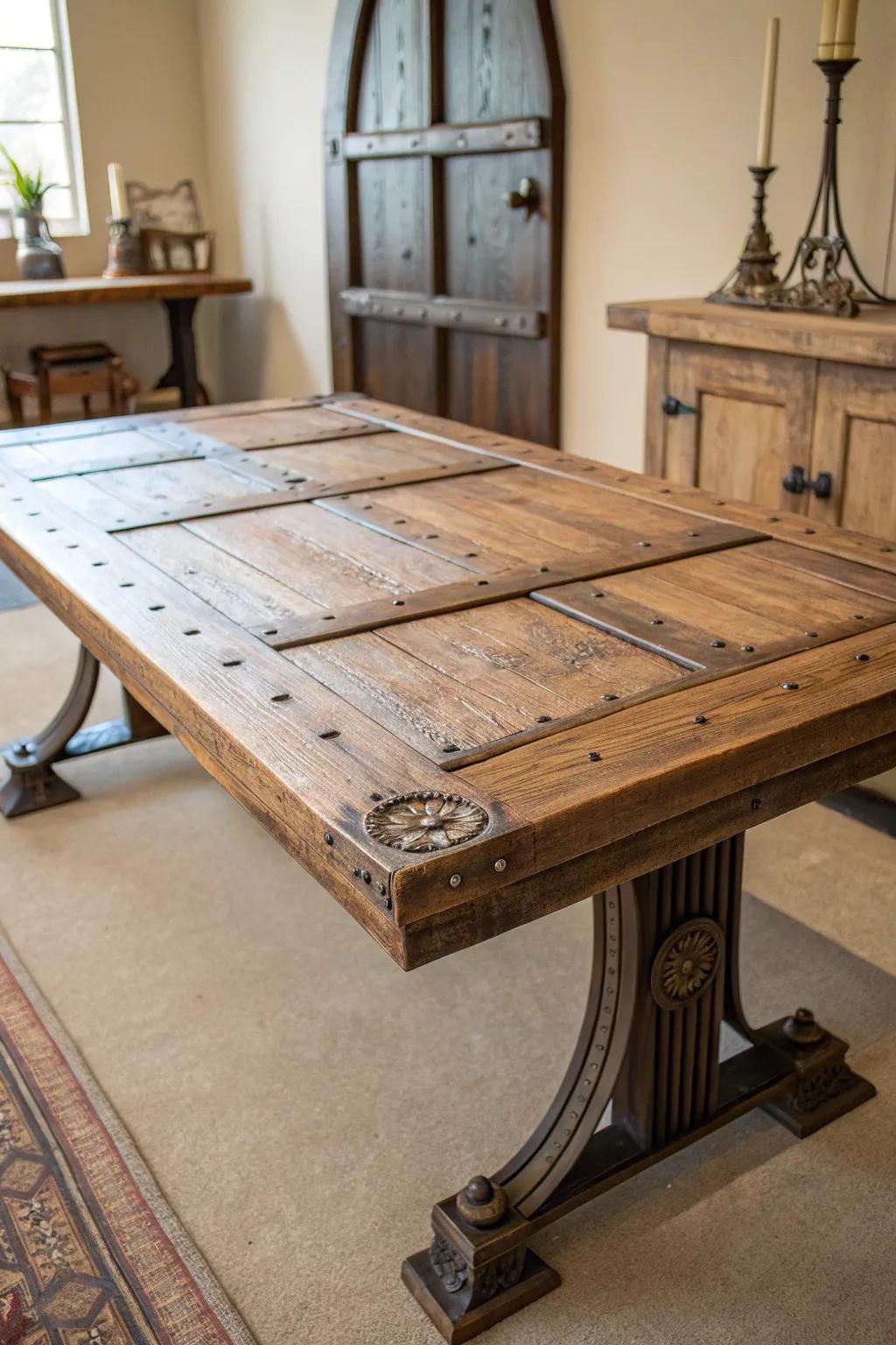 Handcrafted Elegance: A timeless dining table arising from an old door's heritage.