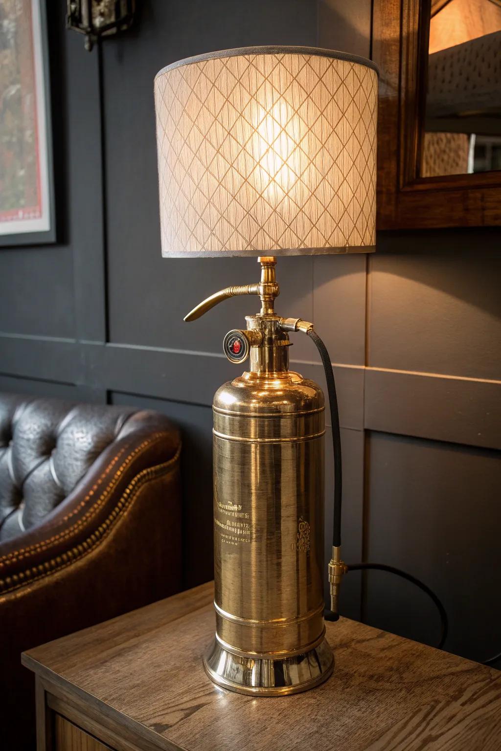 Blending classic with contemporary: Brighten your room with a lamp crafted from a fire extinguisher.