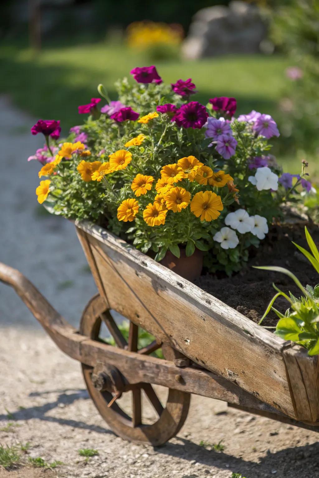 Breathe new life into your garden's charm with a quaint wheelbarrow blossom display.