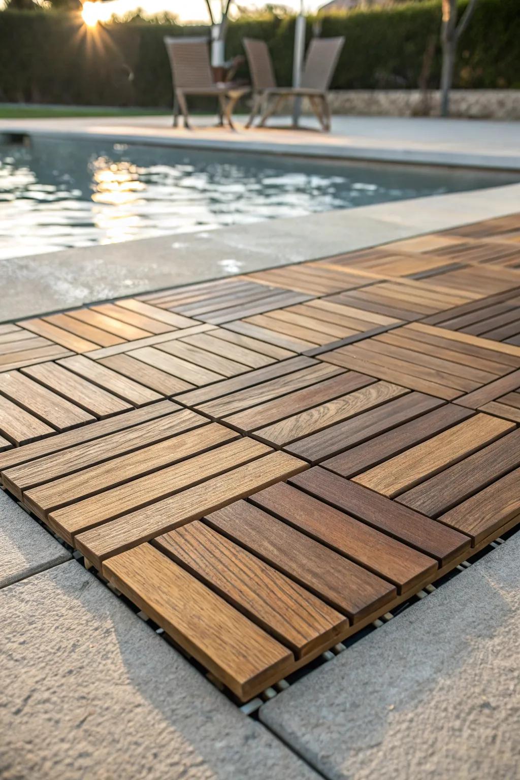 Transform your cement space with the sophistication of decking squares, where artistry aligns with panache.