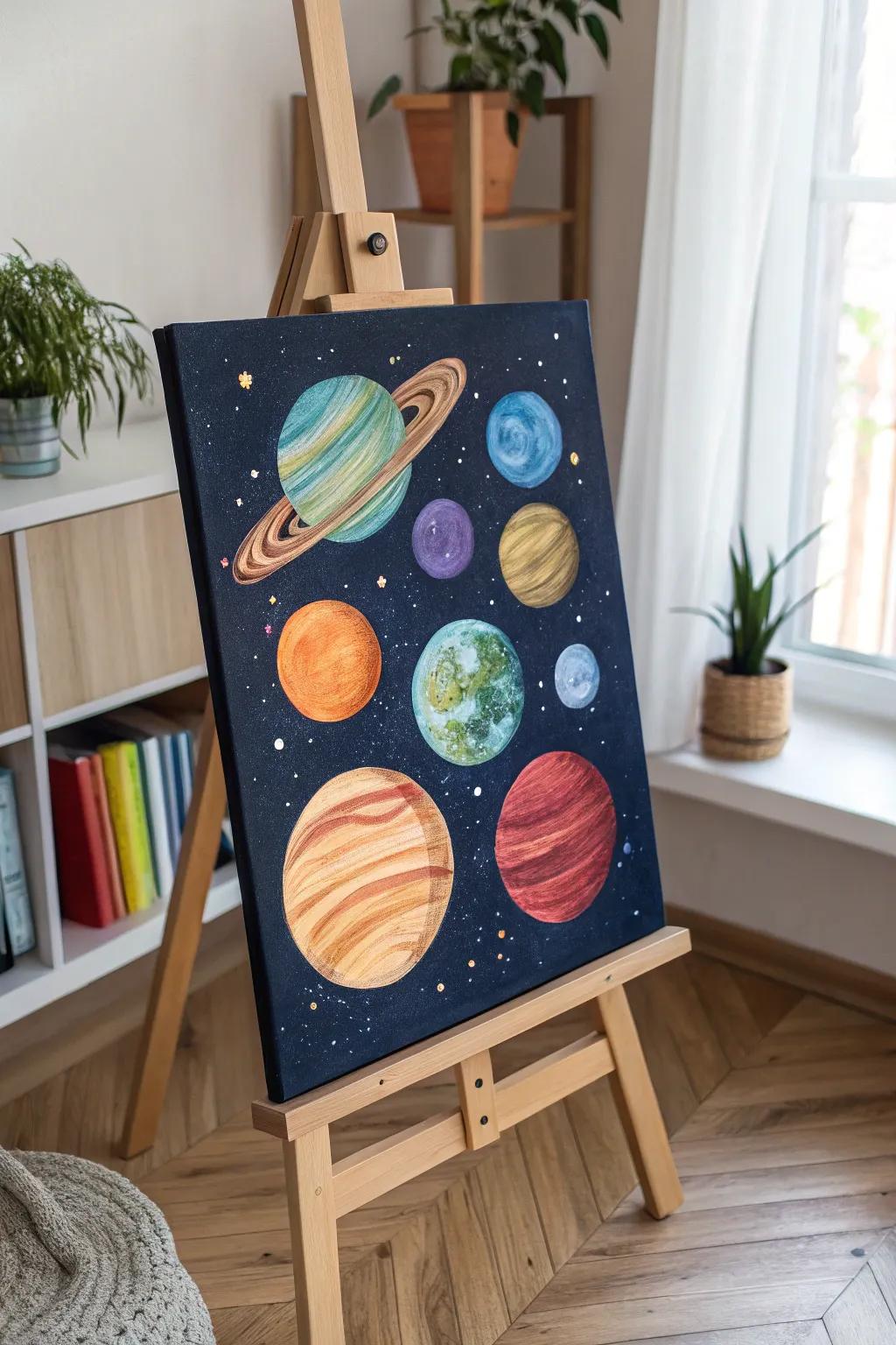 Venture into the cosmos with an explosion of color. Let your creativity soar through light years with this heavenly artwork.