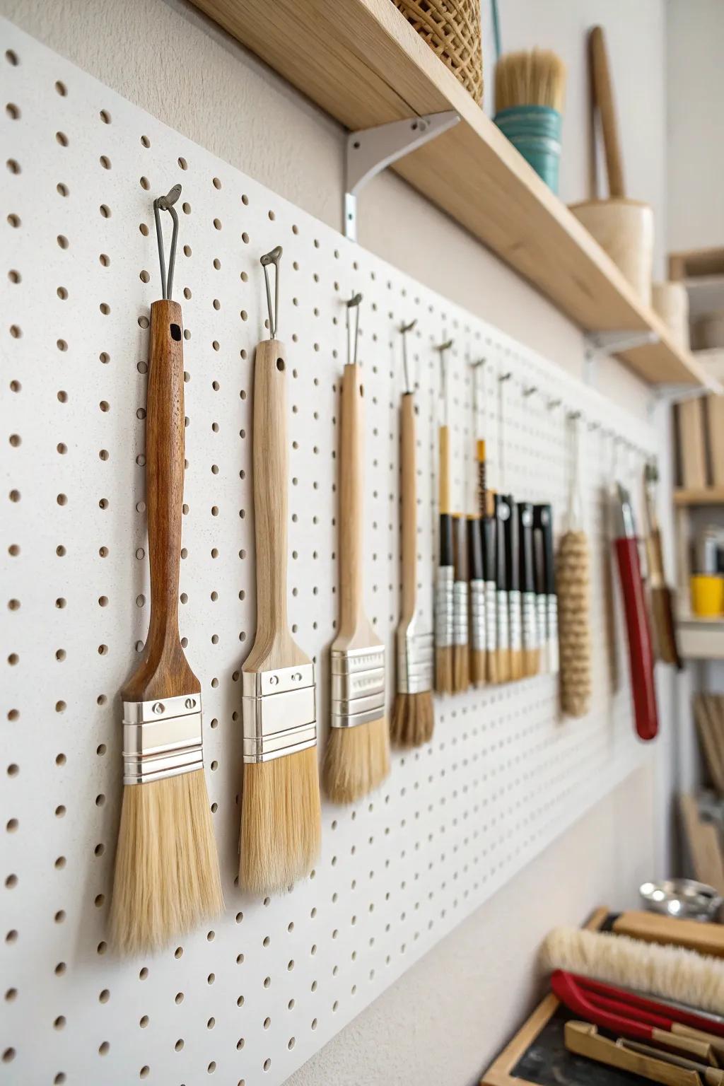 Enhance your art space with a stylish, well-organized pegboard—where simple design complements artistic expression.