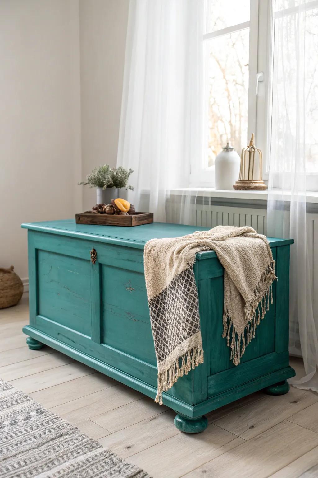 Revitalize your living space with a bold pop of color—this turquoise cedar chest serves as a captivating focal point!