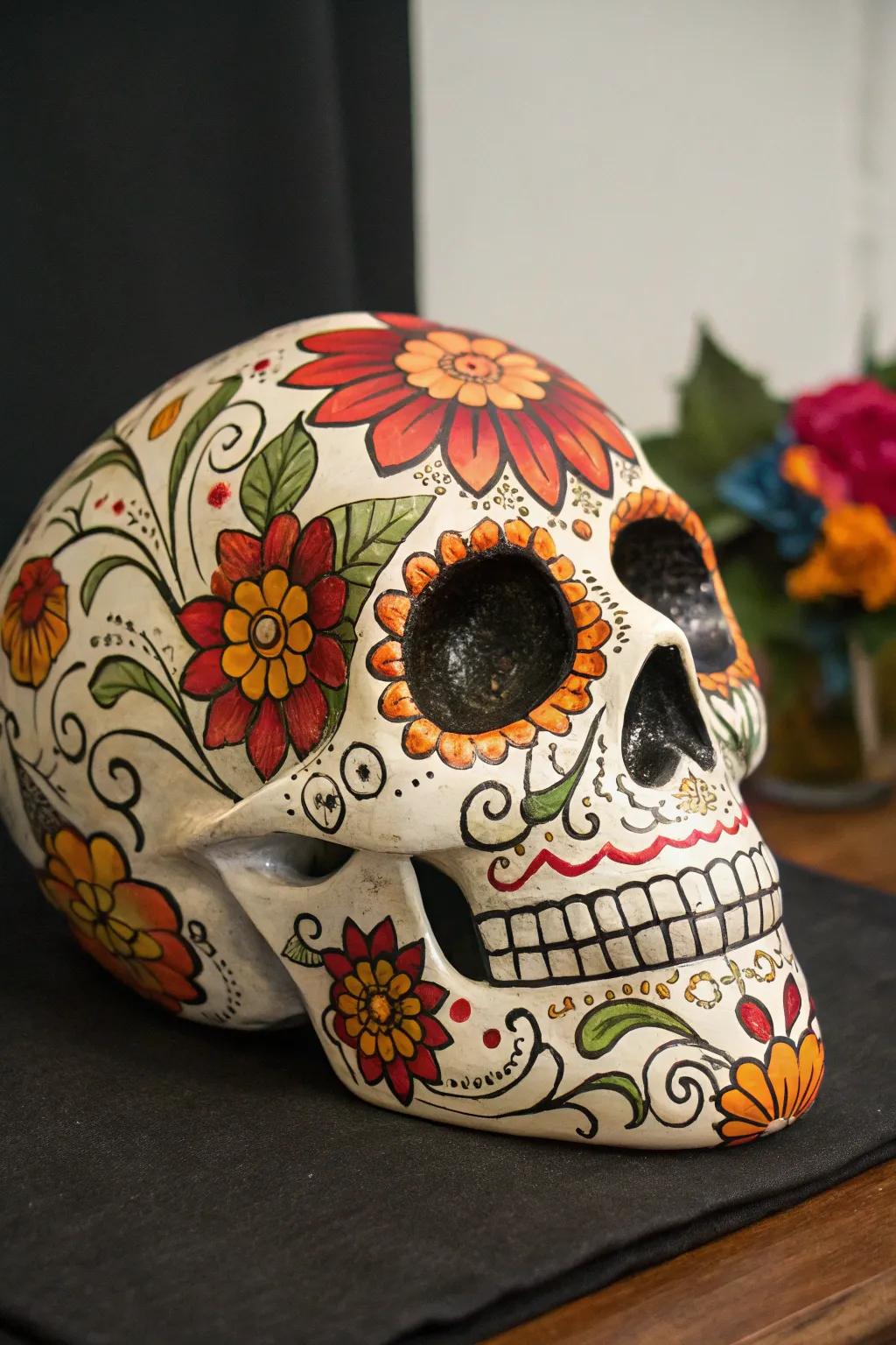 Celebrate the vibrant tradition of Día de los Muertos through a skillfully made piece of artwork, rich with color and craftsmanship.