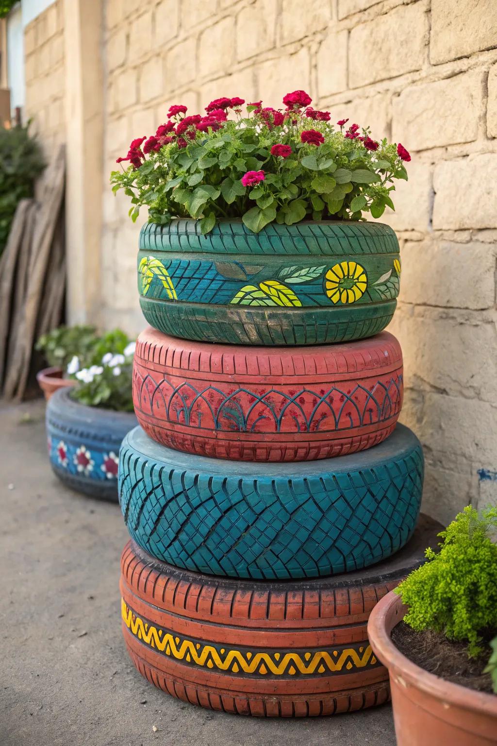 Enhance your garden's charm with vibrant hues and inventive design—explore the allure of painted tire elevated garden structures!