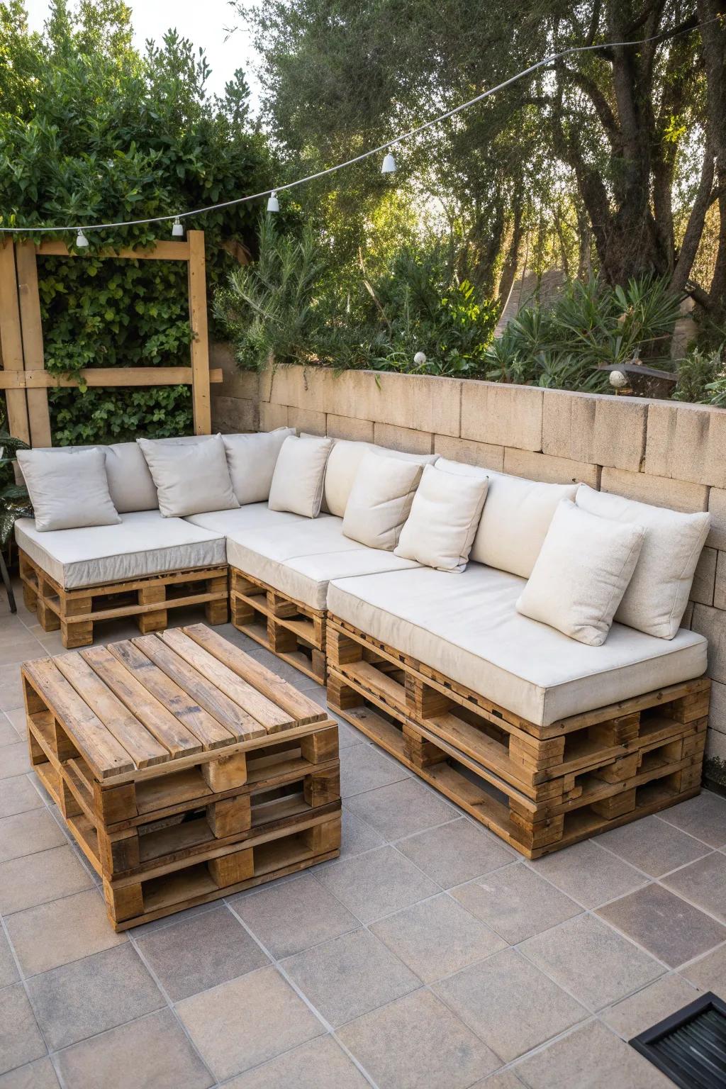 Enhance your patio with a bespoke pallet seating ensemble, marrying comfort with timeless rustic appeal.