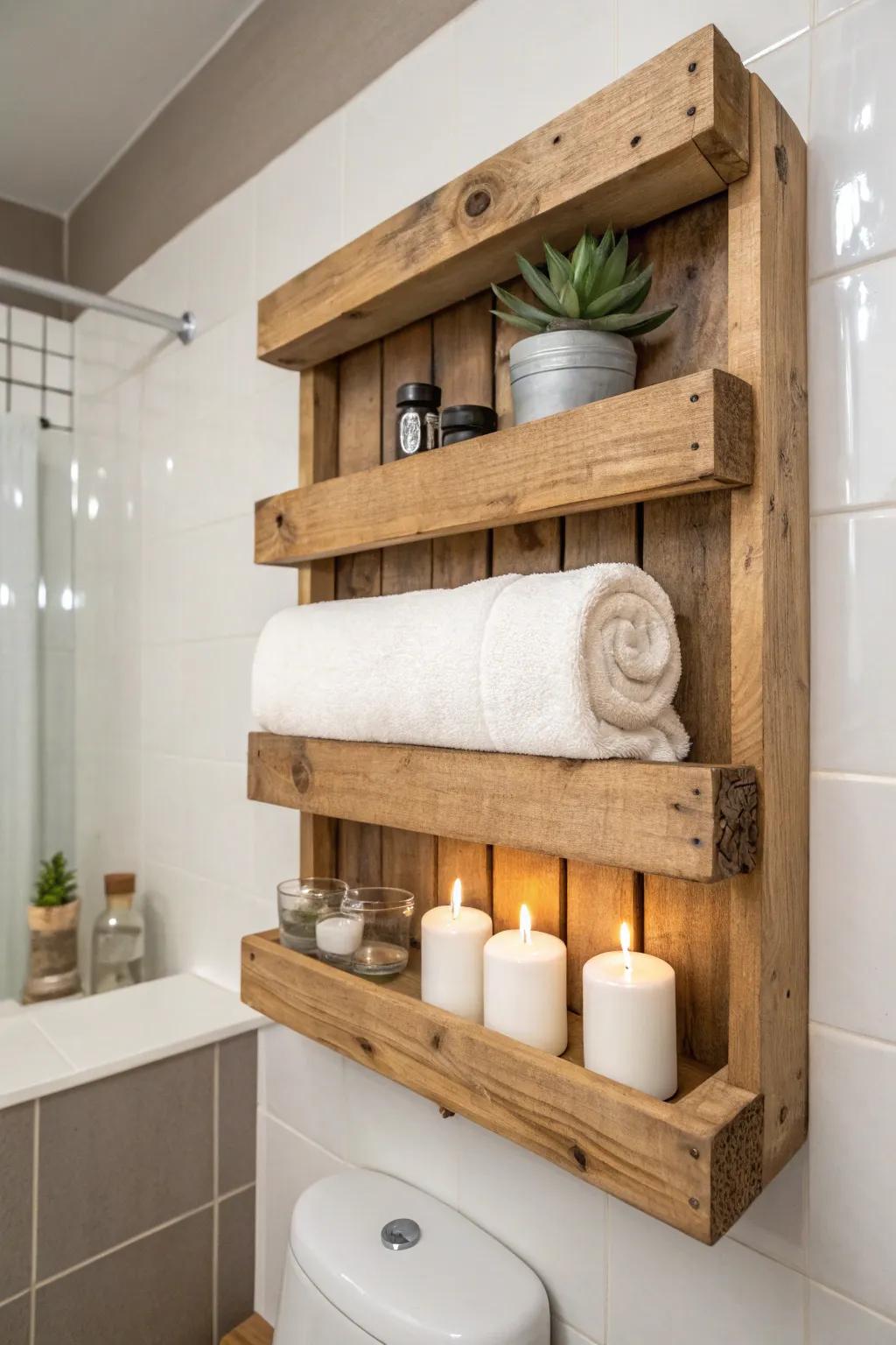 Enhance your bathroom's ambiance with a bespoke wall-mounted pallet display, ideal for your relaxation essentials.
