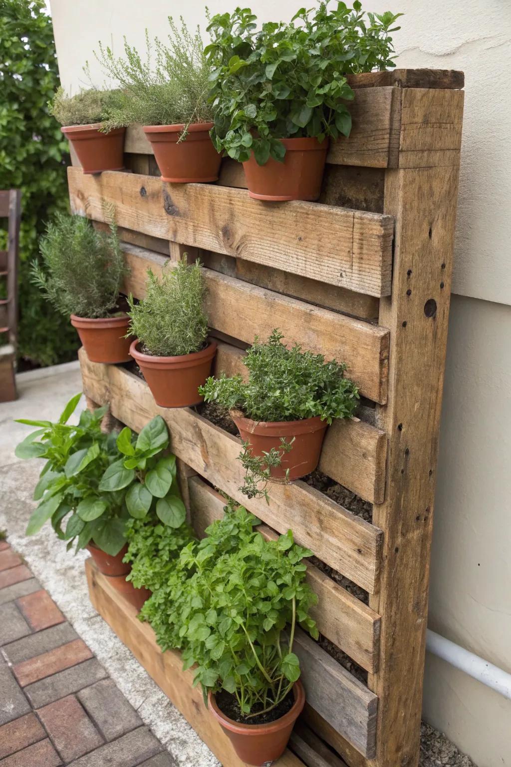Elevate your ambiance with an awe-inspiring upright herb garden fashioned from a reclaimed pallet!