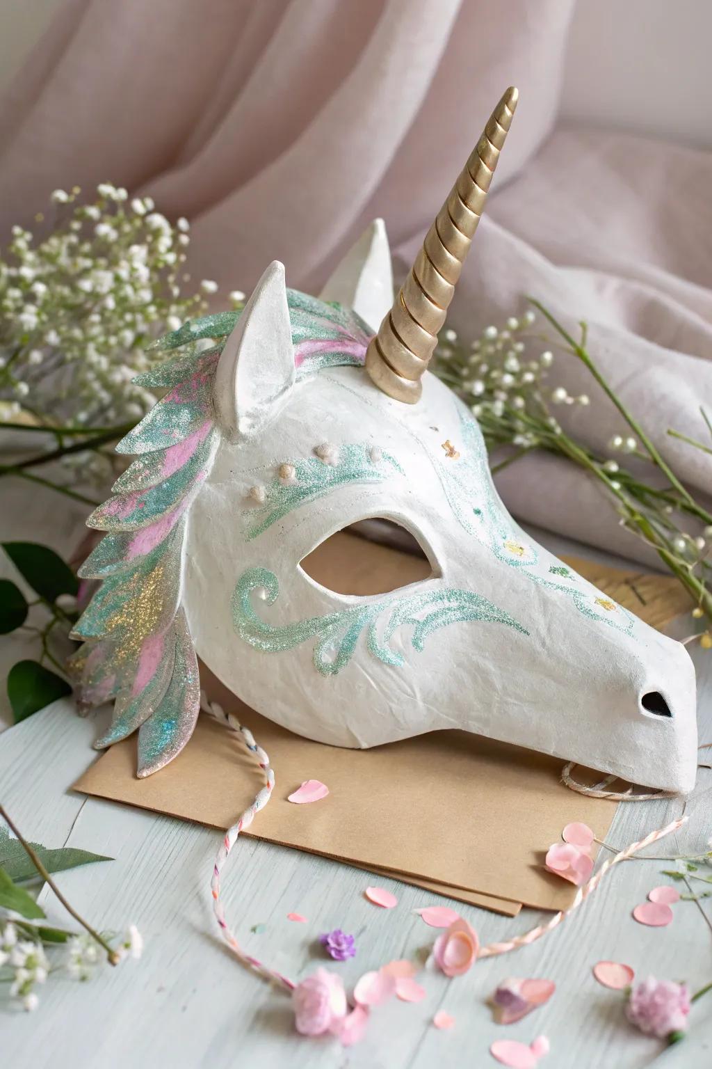 Unleash your fantastical essence with this captivating paper mache unicorn mask, ideal for infusing a bit of enchantment into any event.