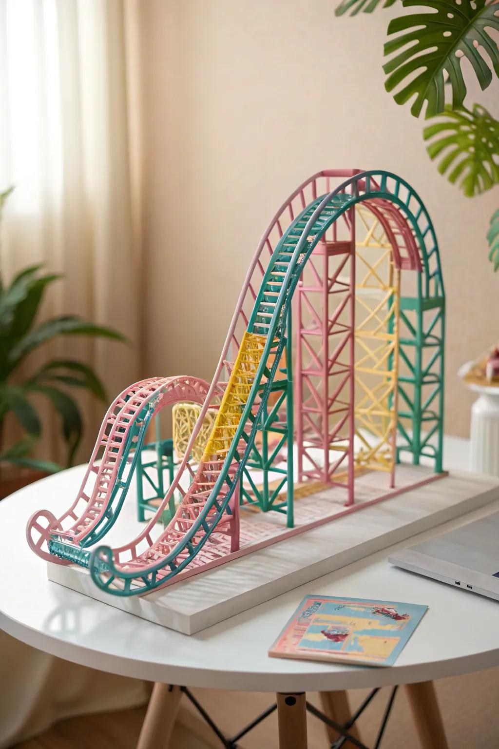 A burst of color in a minimalist design – express your imagination with a lively paper roller coaster!